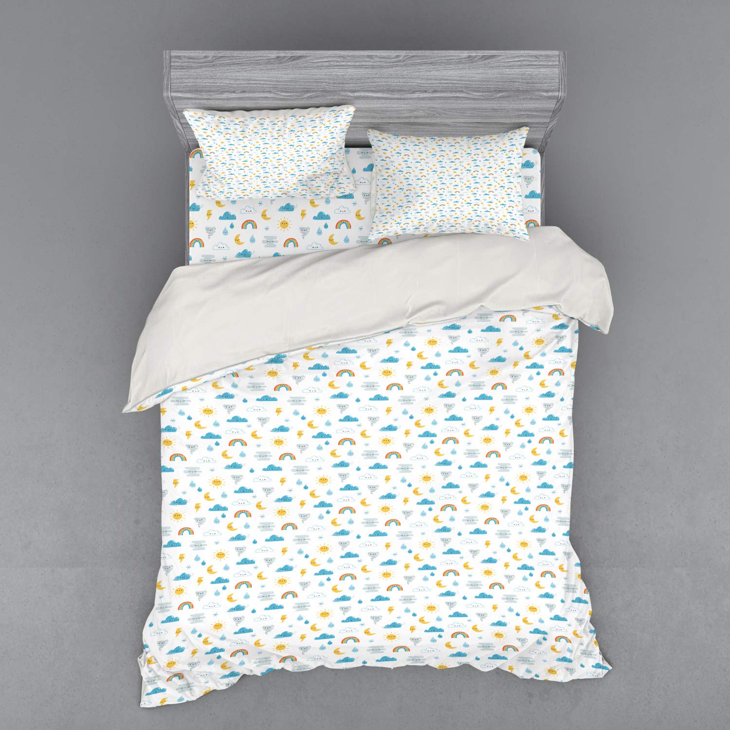 Ambesonne Sun Duvet Cover Set - Funny Weather Clouds Moon Rainbow Print 4-Piece Bedding Set with Shams & Fitted Sheet, Queen Size White Multicolor - Perfect for Kids' Rooms, Guest Bedrooms & Boho Chic Decor