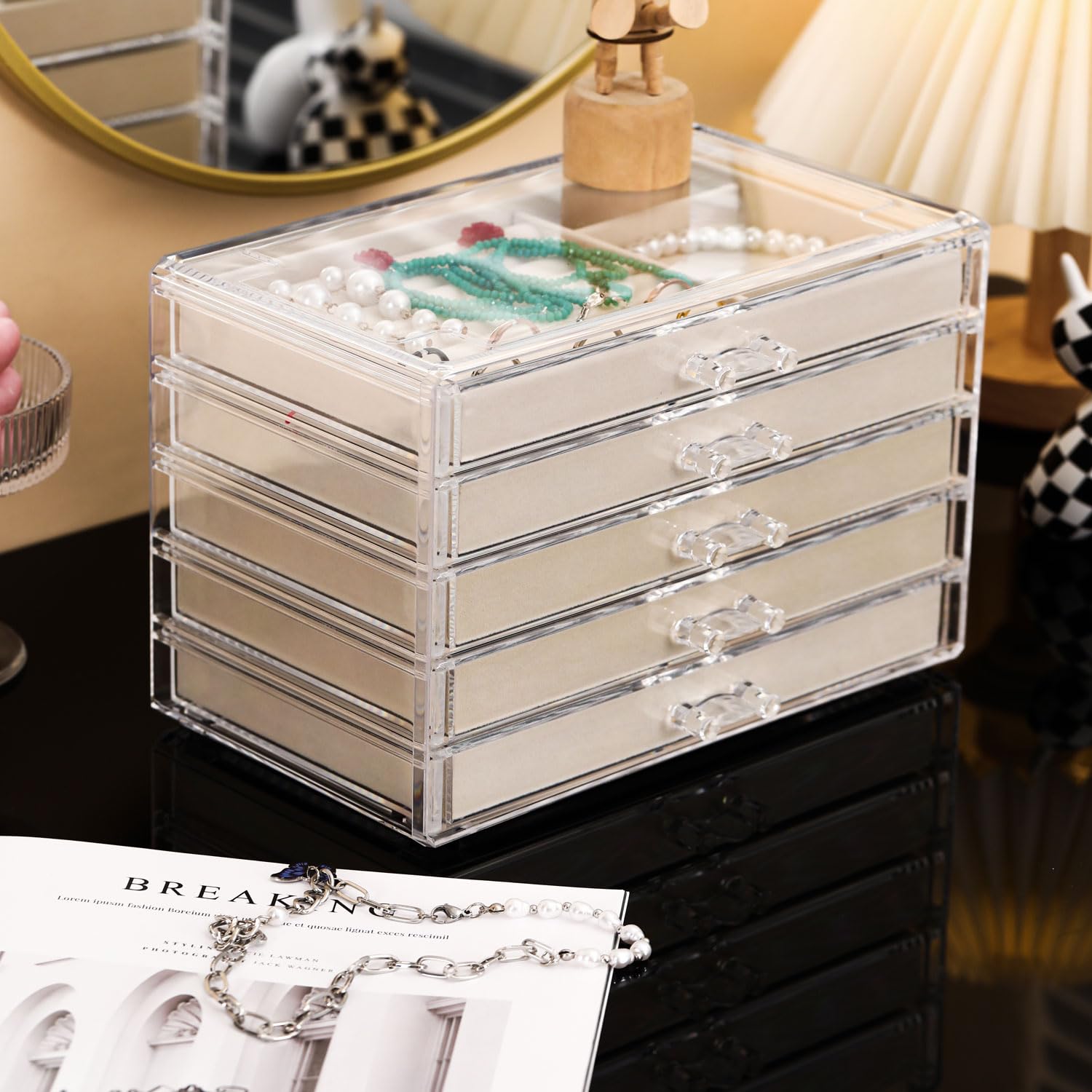 5-Drawer Velvet Necklace Organizer Box - Dustproof Jewelry Storage & Display Case for Women & Girls - Perfect for Travel, Gifting & Home Organization