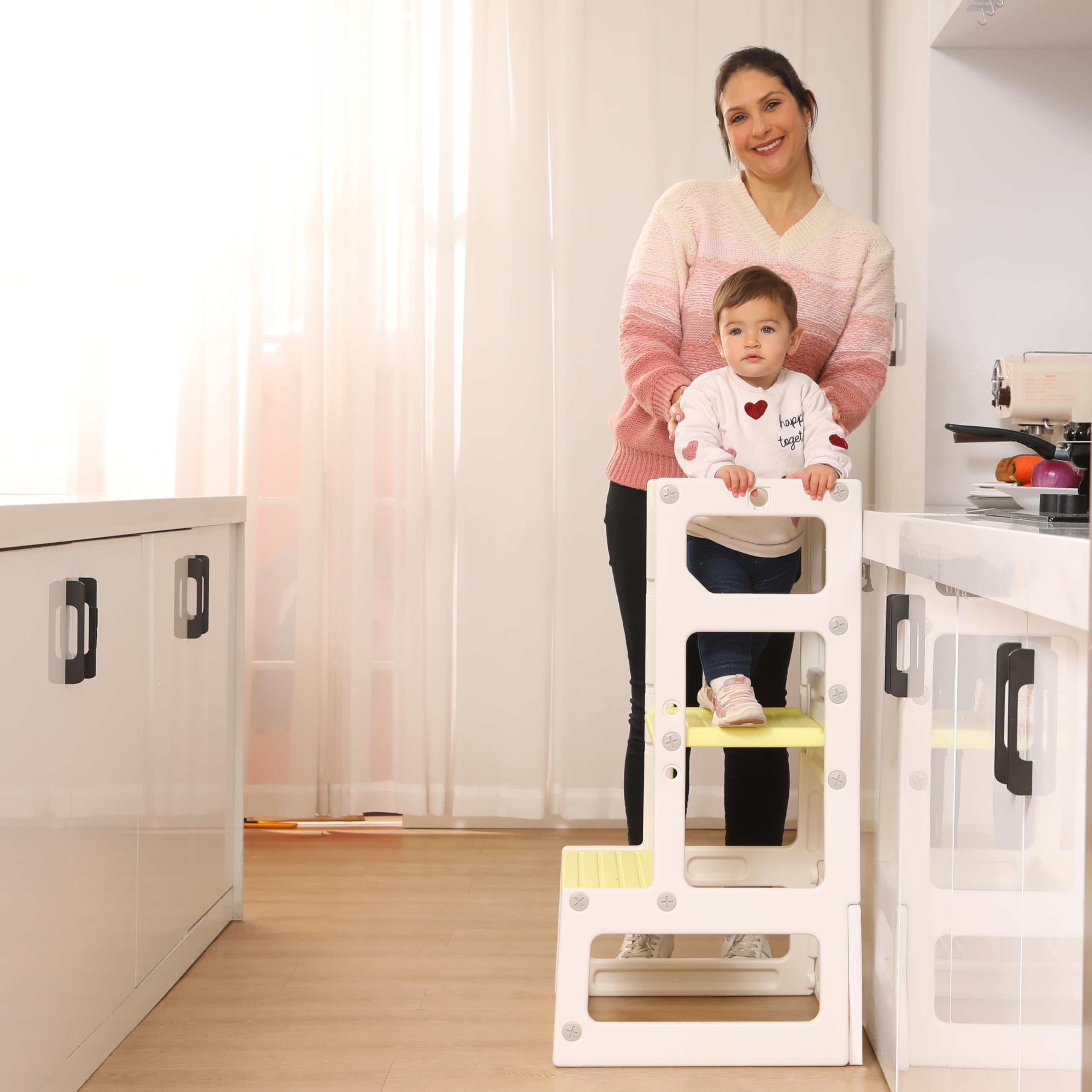 Adjustable Height Kids Kitchen Step Stool - Safe Toddler Learning Tower for Cooking & Bathroom Use | Non-Slip Platform for Children (Yellow) | Perfect for Baking, Washing Hands & Countertop Activities