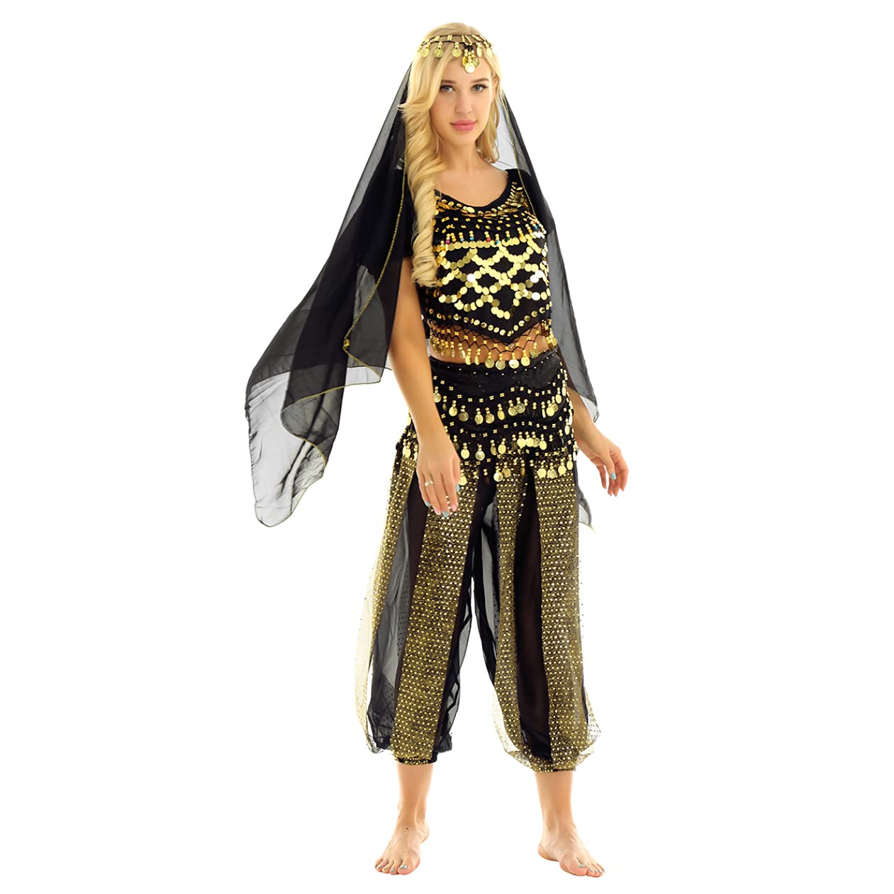 4Pcs Women's Halloween Belly Dance Costume Set - Indian Dance Outfit & Fancy Dress for Halloween Parties, Performances & Cosplay