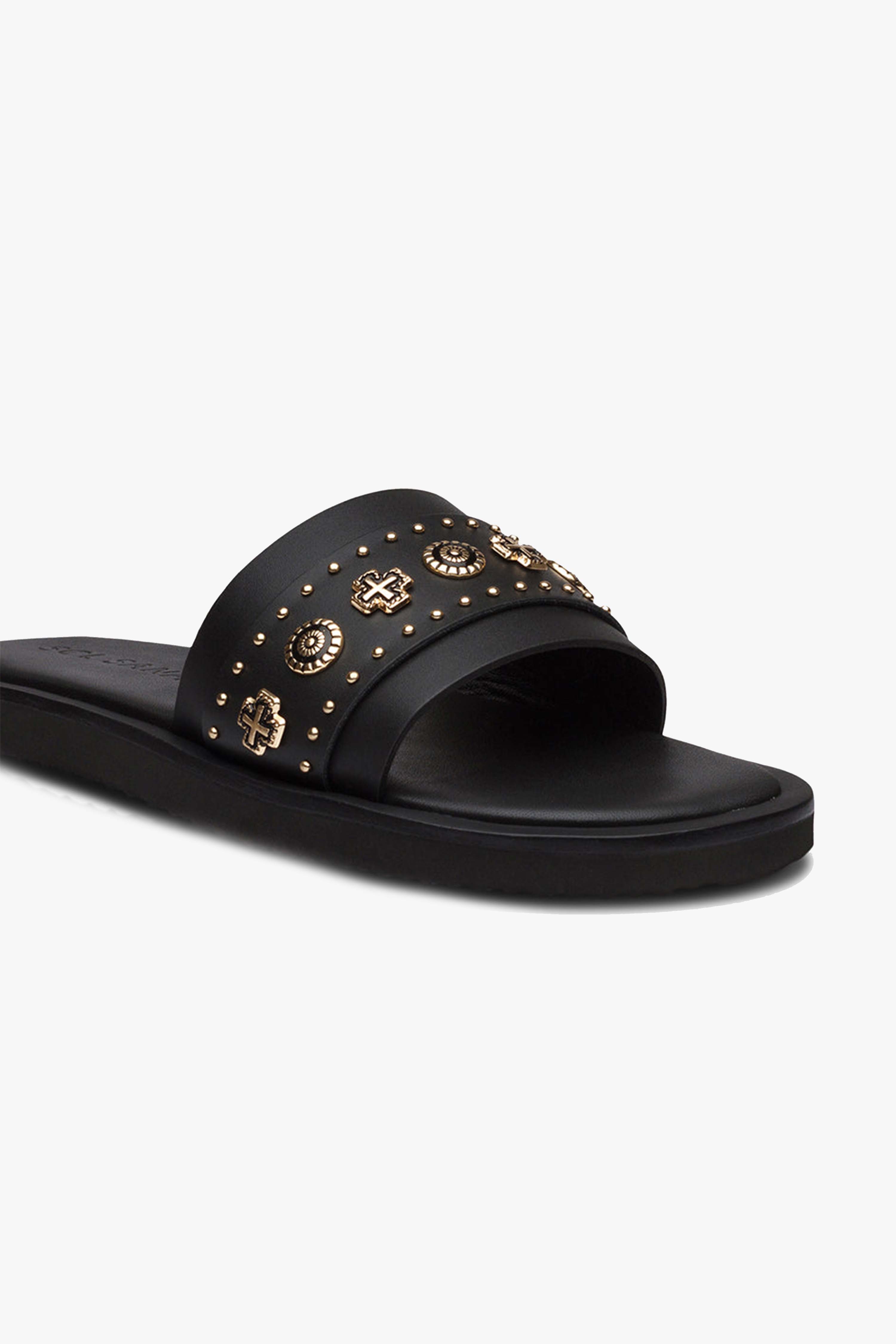 Cleo Black Leather Slide Sandals with Gold Charms - Comfortable Women's Casual Shoes for Summer, Beach & Vacation Wear