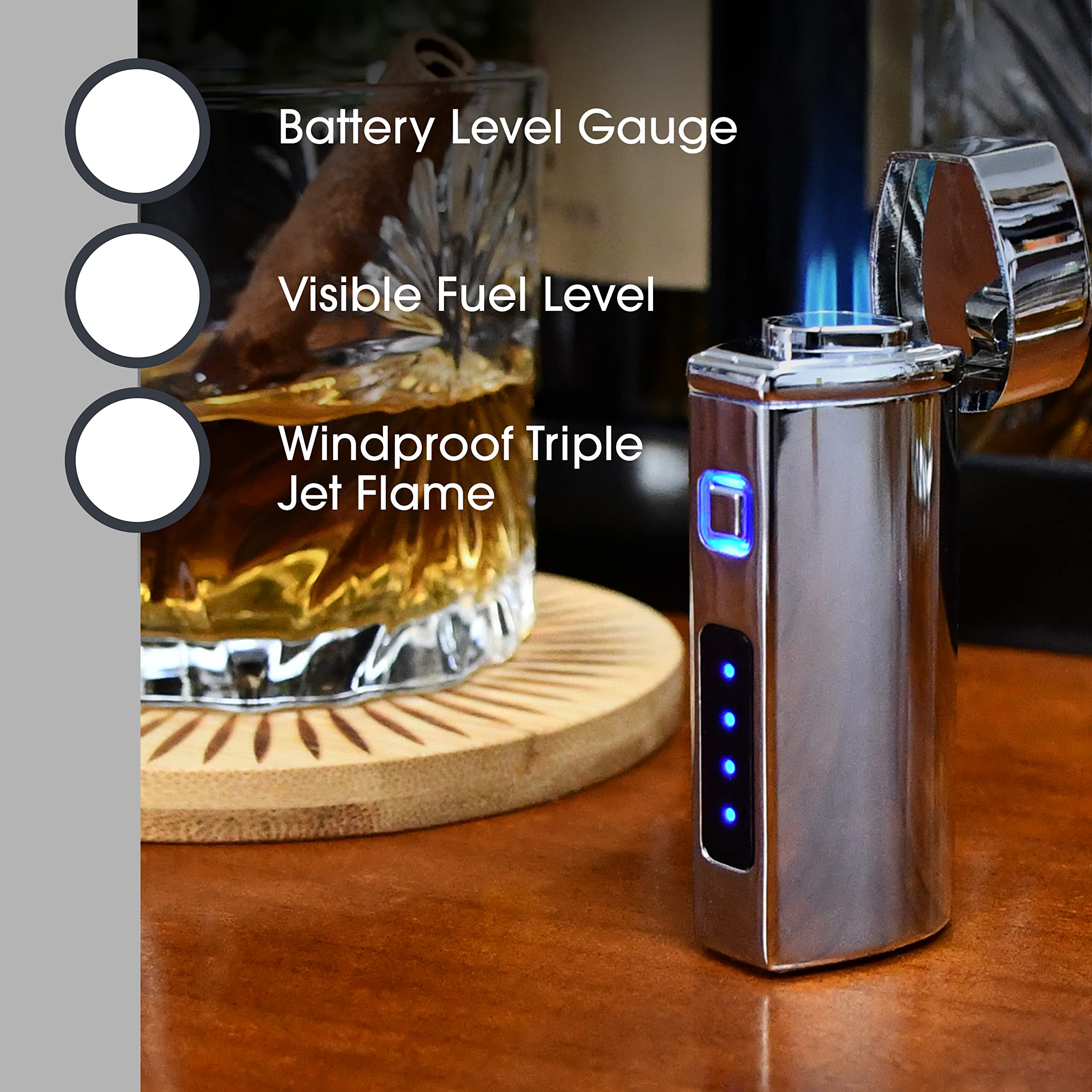 Premium Pardo Cigar Torch Lighter - Rechargeable Triple Jet Flame Butane Lighter with Windproof Design & USB Charging - Perfect for Cigars, Outdoor Camping & BBQ (Ice Silver)