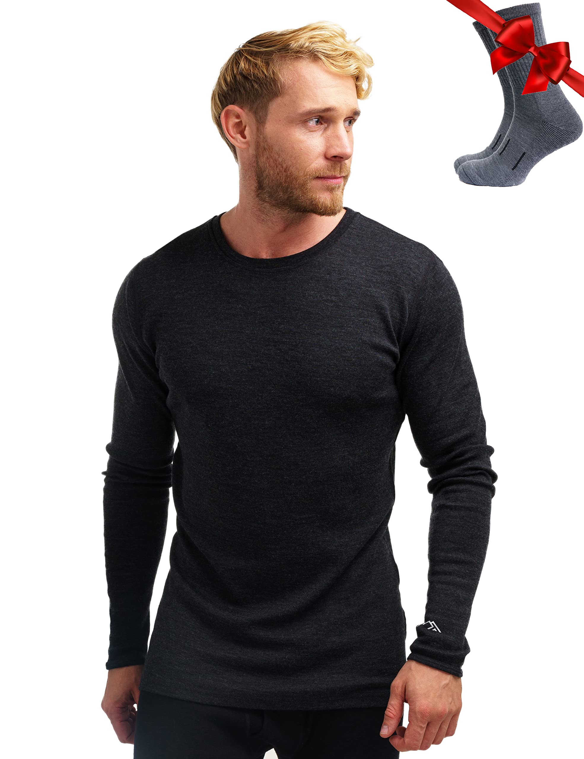 Premium 100% Merino Wool Base Layer for Men - Lightweight, Midweight & Heavyweight Thermal Long Sleeve Shirts with Hiking Socks - Ideal for Hiking, Camping & Winter Outdoor Activities