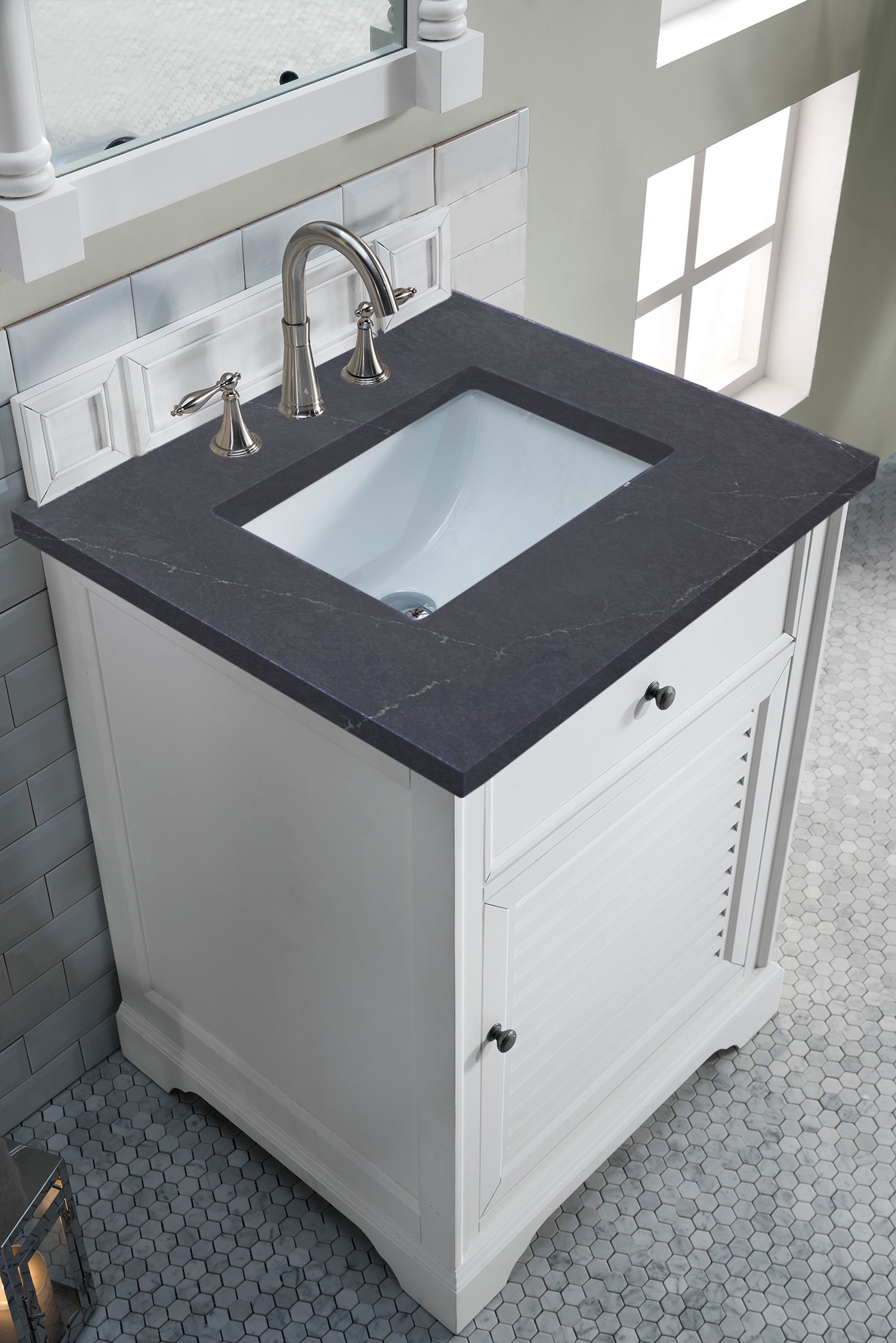 Savannah 26 Inch Single Vanity Cabinet with 3CM Charcoal Soapstone Quartz Top - Bright White Bathroom Vanity for Modern & Farmhouse Style Homes - Perfect for Master Bath, Guest Bath & Powder Room Renovations