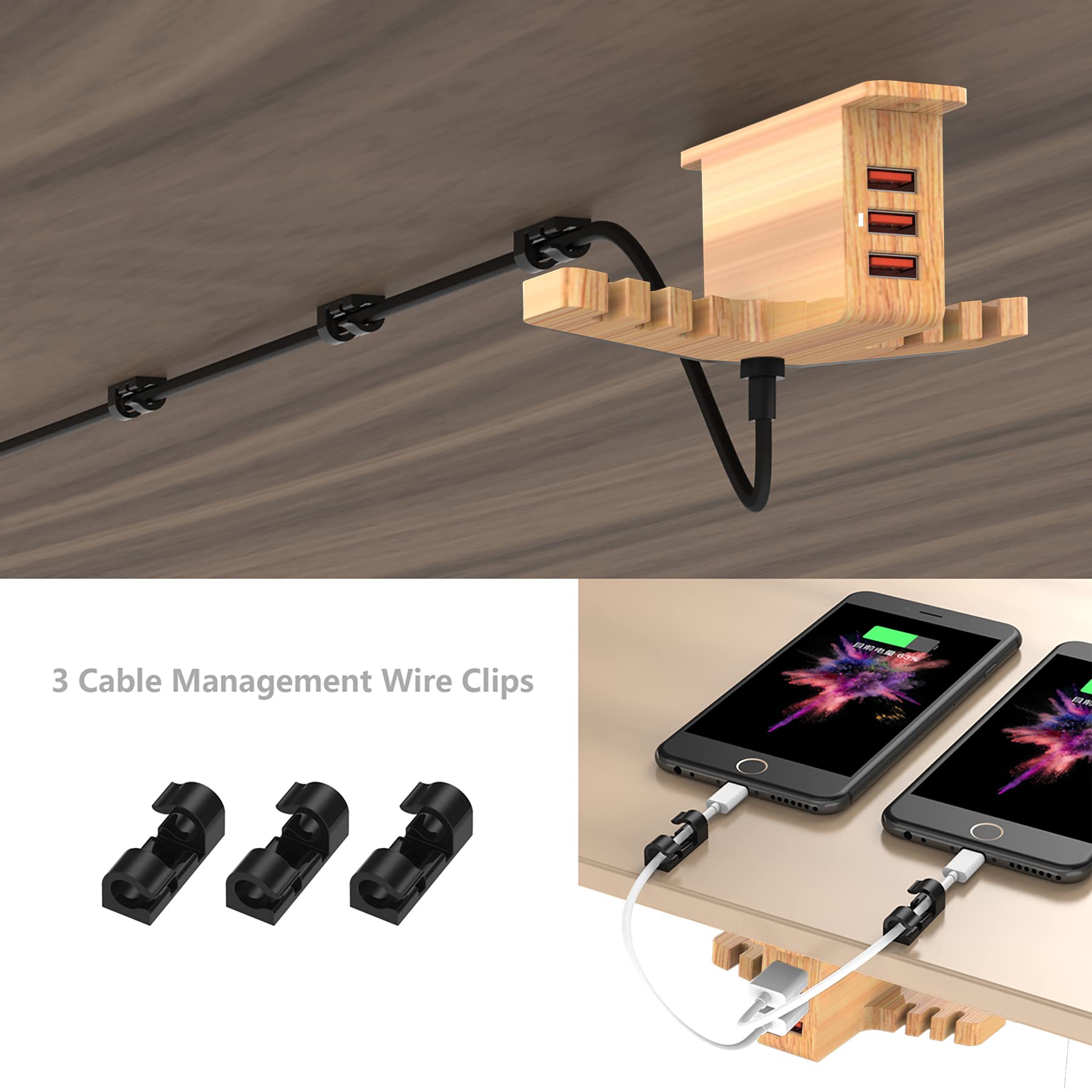 Cozoo Wooden Headphone Stand with 3-Port USB Charger & Smart Watch Dock - Under Desk Mount for Wireless Headphones, iWatch, and Dual Earphone Hanger - Perfect for Home Office, Gaming Setup & Workspace Organization (UL Certified)