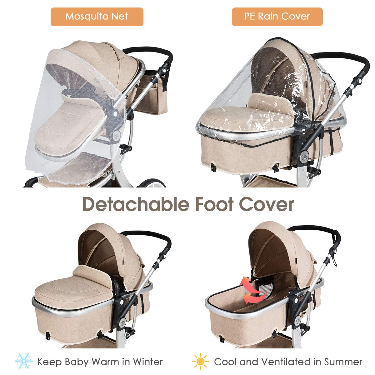 Honey Joy Baby Stroller - Convertible Infant Bassinet with Adjustable Canopy & Backrest, Foldable Newborn Carriage with Storage Basket & Foot Cover (Beige) | Perfect for Walks, Shopping & Travel