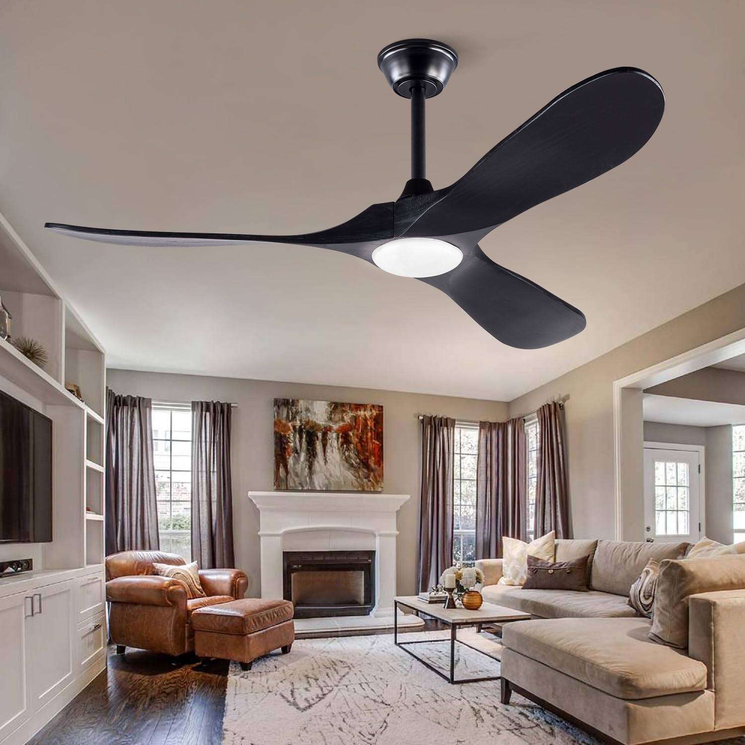 52 Inch BOJUE Modern Ceiling Fan with Lights - Indoor/Outdoor Remote Control Fan, 3 Wooden Blades, 6 Speed Settings, Black - Perfect for Porch, Living Room, Bedroom, and Patio Cooling