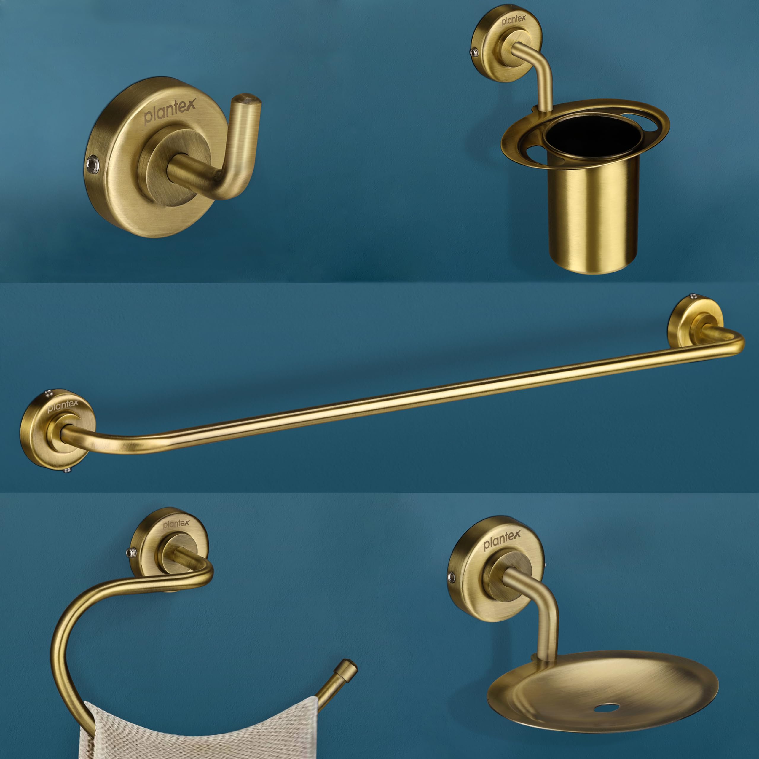 Plantex 304 Stainless Steel Bathroom Accessories 5-Piece Set - Towel Bar, Soap Dish, Toothbrush Holder, Robe Hook & Hand Towel Ring - Antique Brass Finish for Bathroom, Spa & Hotel Decor