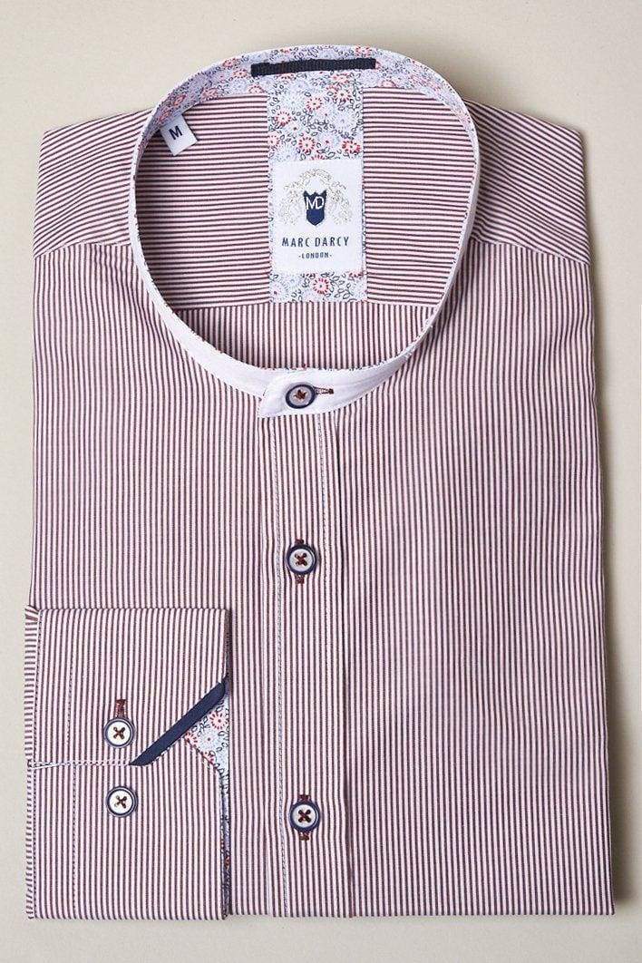 Marc Darcy Cooper Grandad Collar Wine Stripe Shirt for Men - Vintage Style Button Down Casual Shirt - Perfect for Date Night, Office Wear & Weekend Outings