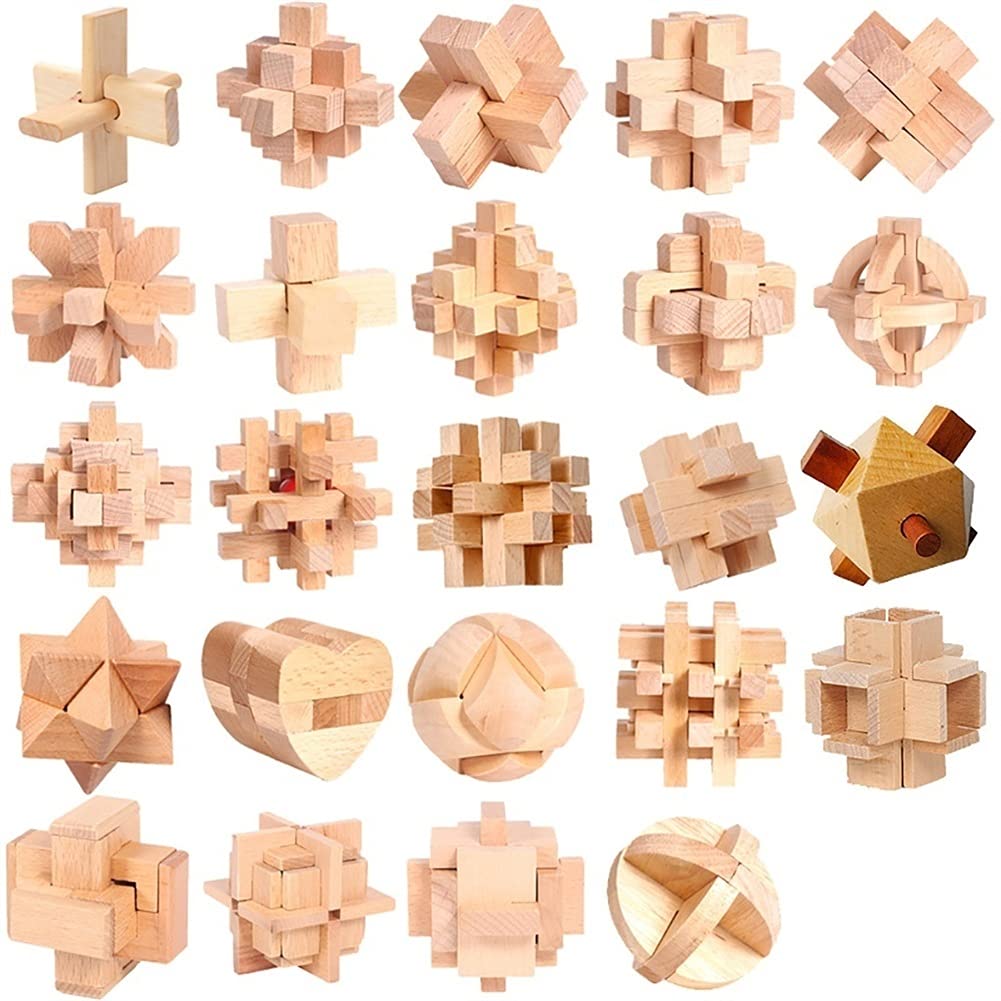 3D Wooden Brain Teaser Puzzle - Luban Lock & Kongming Lock Stress Relief Toy for Adults & Kids - 25pcs Jumu Beech Interlocking Building Blocks - Perfect for Office Desk, Classroom, Travel & Family Game Night