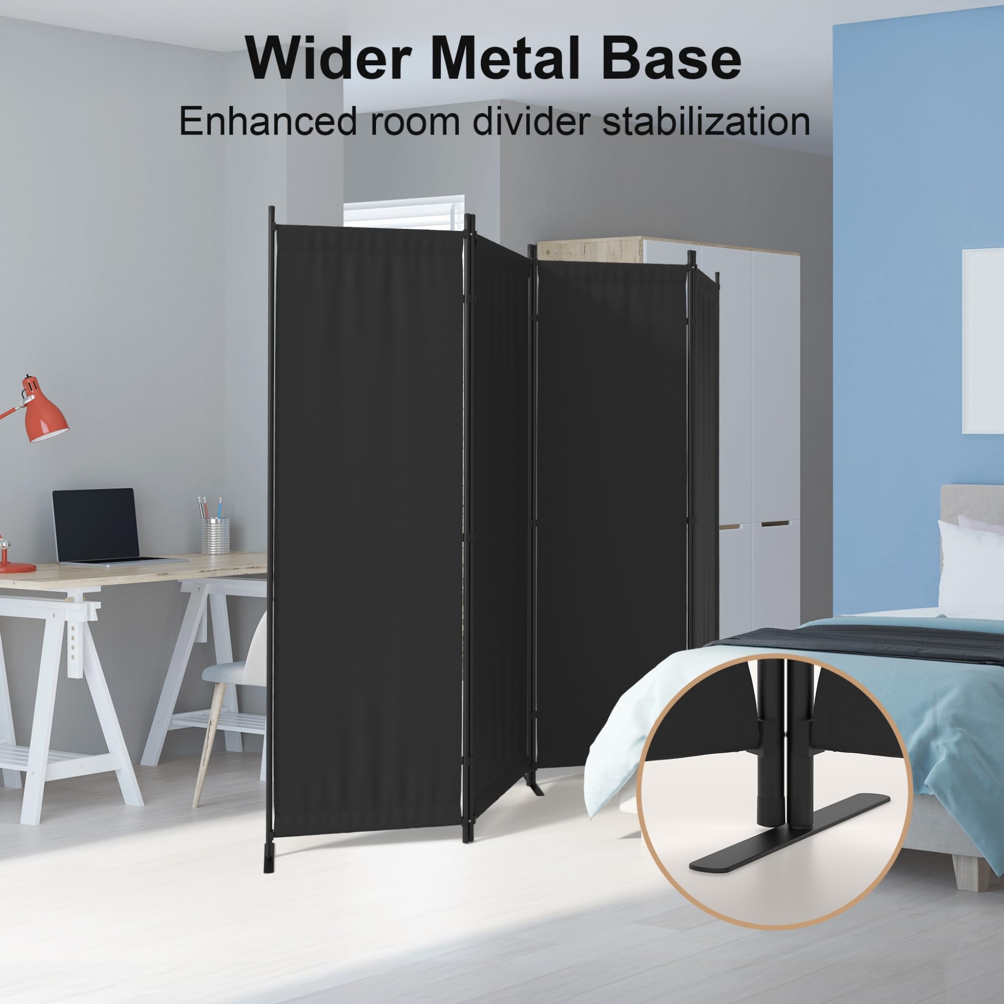 4 Panel Room Divider - 6FT Folding Privacy Screen with 3 Metal Feet | Portable Partition Wall for Office, Kitchen, Nursery & Dressing Room | Space Separator for Home, Events and Temporary Walls