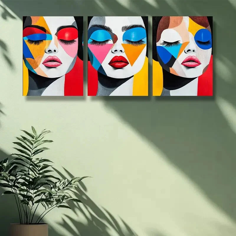 3-Piece Classic Decor Metal Print Wall Art - Ready to Hang Makeup Girl Portrait for Living Room, Bedroom & Office Decor