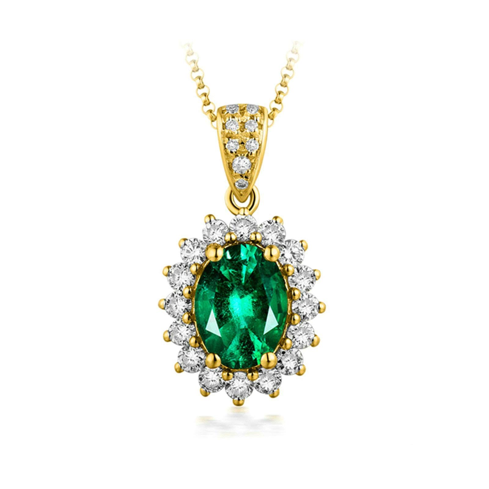 18K Yellow Gold Emerald Pendant Necklace for Women - 0.75ct Oval Green Emerald with Diamond Accents - Elegant Floral Design Jewelry for Weddings, Anniversaries & Special Occasions
