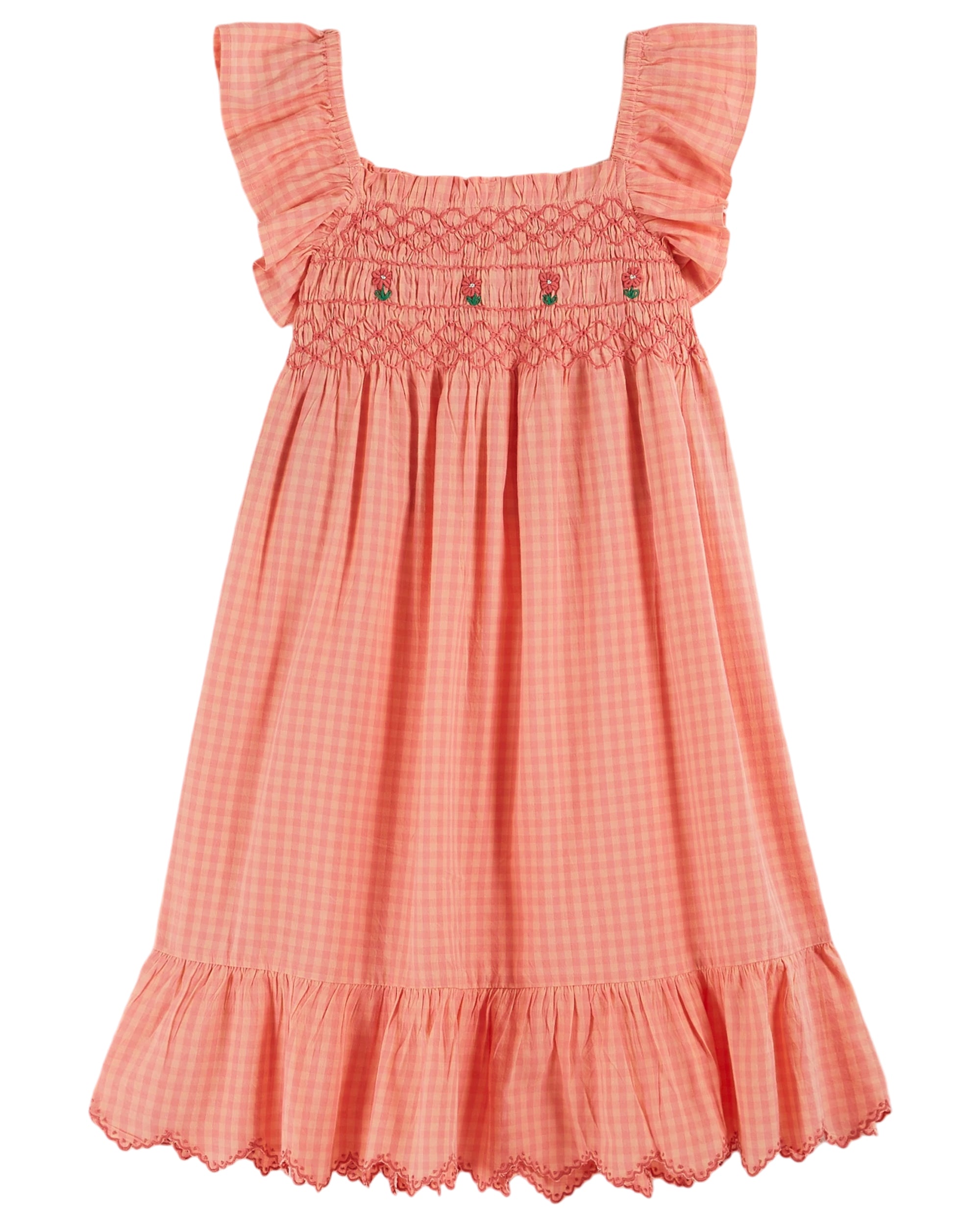 Emile et Ida Smocked Embroidered Vichy Pivoine Dress for Girls | Floral Cotton Summer Dress | Perfect for Parties, Weddings & Special Occasions