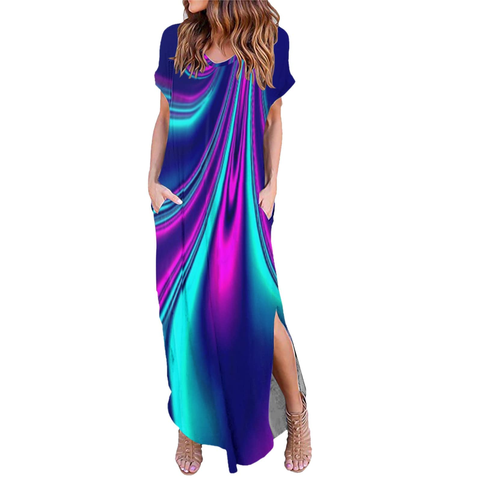 Women's Summer Casual Loose Long Dress with Pockets - Short Sleeve V-Neck Flowy Maxi Dress, Floral Print Beach Cover Up for Vacation, Pool Party & Outdoor Date Night