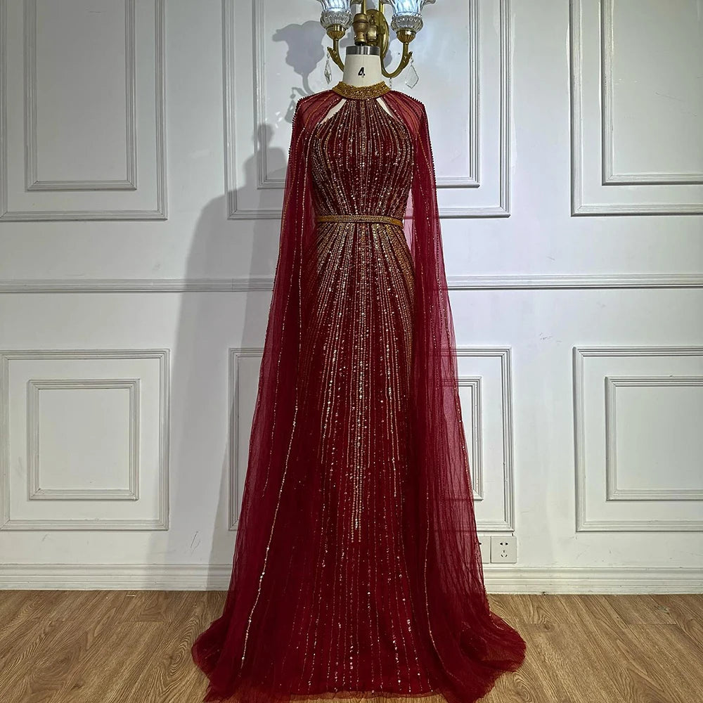 Luxury Dubai Wine Red Beaded Mermaid Evening Gown with Cape - Formal Saudi Arabian Dress for Weddings, Galas & Special Occasions | LA72707A