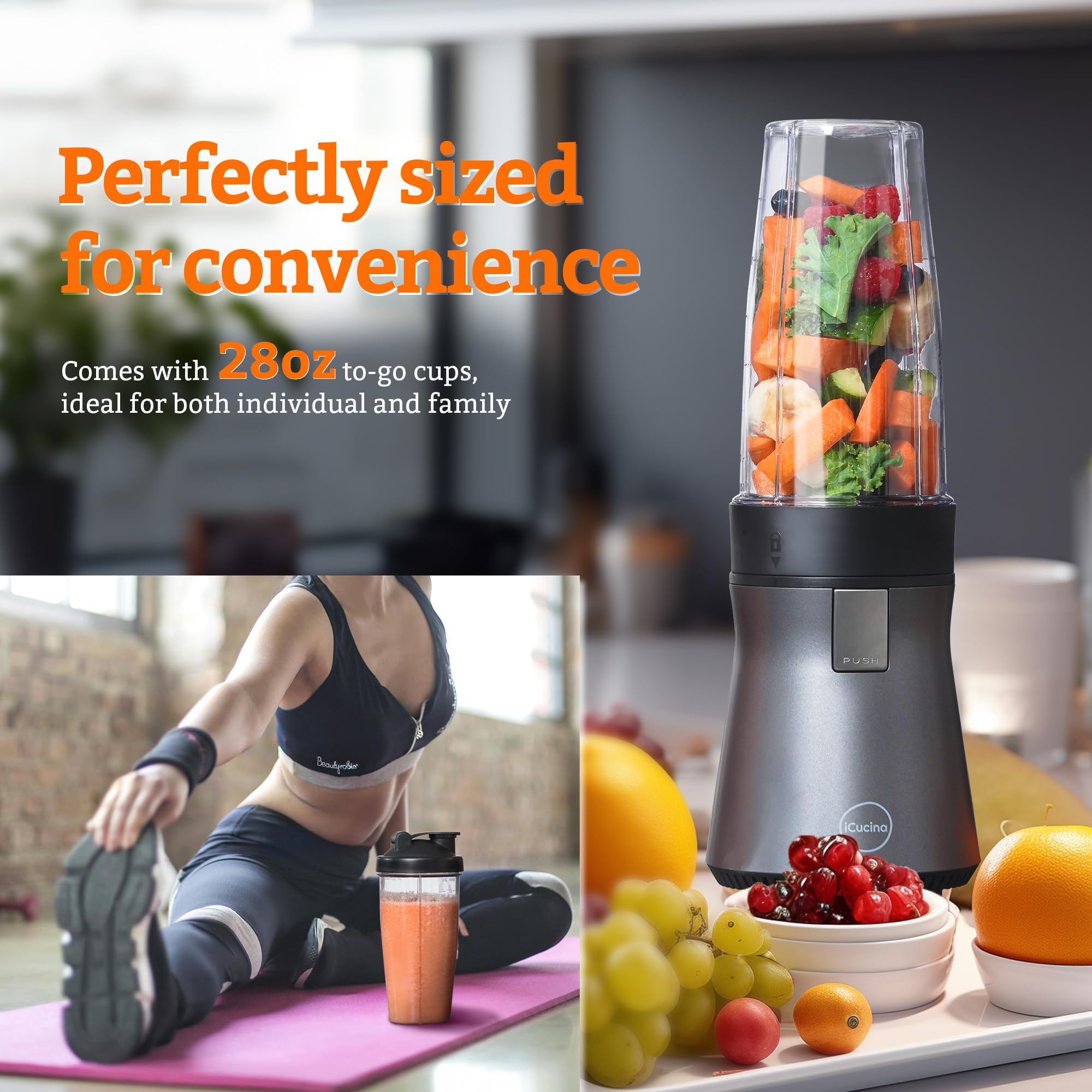 iCucina 500W Personal Smoothie Blender for Shakes, Smoothies & Frozen Drinks - Includes 2 x 28oz Portable Cups with Lids - Perfect for Gym, Office & Home Use - Metal Gray