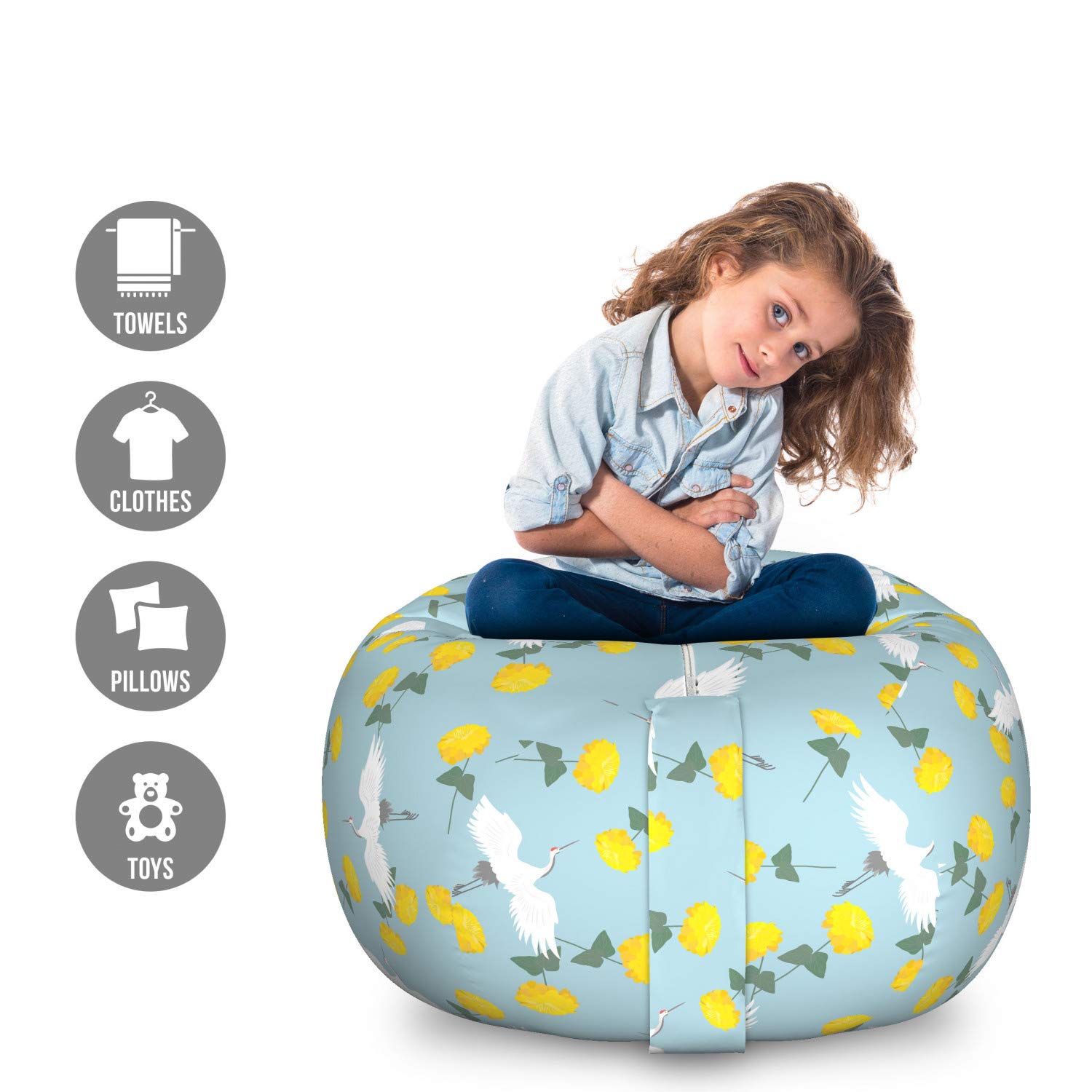 Ambesonne Yellow Bird Storage Toy Bag Chair - Flying Cranes & Flowers Pattern Stuffed Animal Organizer - Washable Large Size in Pale Blue & Yellow - Perfect for Kids' Room, Playroom & Nursery Organization