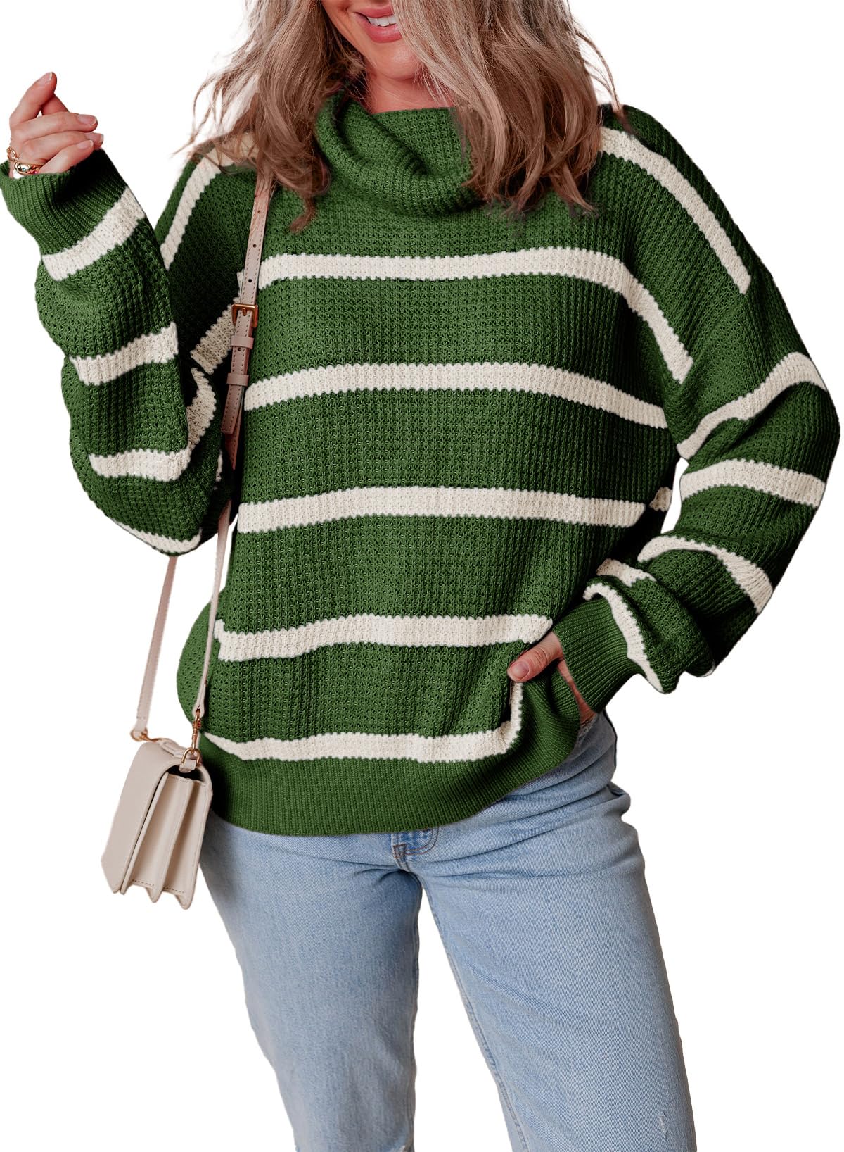 Dokotoo Women's Casual Long Sleeve Turtleneck Sweater - Striped Color Block Loose Knit Pullover Top for Fall & Winter | Perfect for Office, Travel and Daily Wear