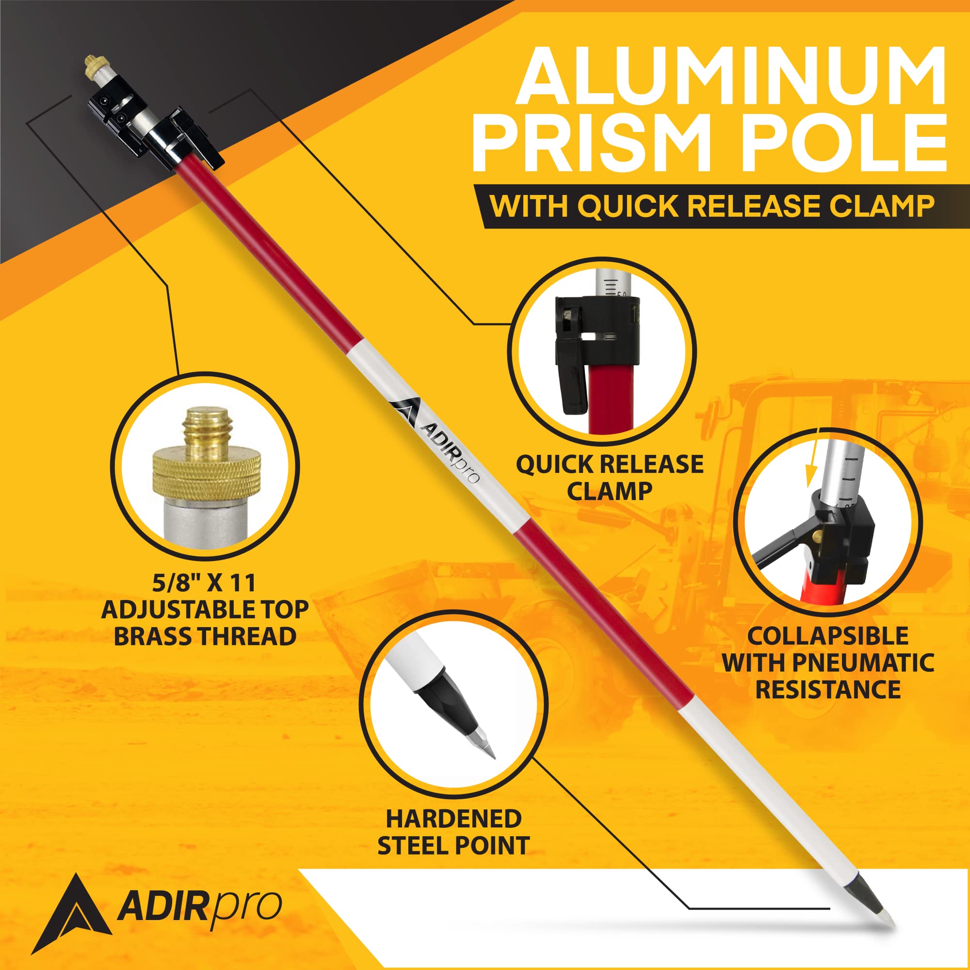 AdirPro 12' Telescopic Aluminum Prism Pole (3.7m) - Lightweight GPS Surveying Rod with Quick Release Clamp & Adjustable Tip - Metric Graduation for GNSS Instruments & Prisms - Perfect for Land Surveying, Construction Layout, and GIS Mapping