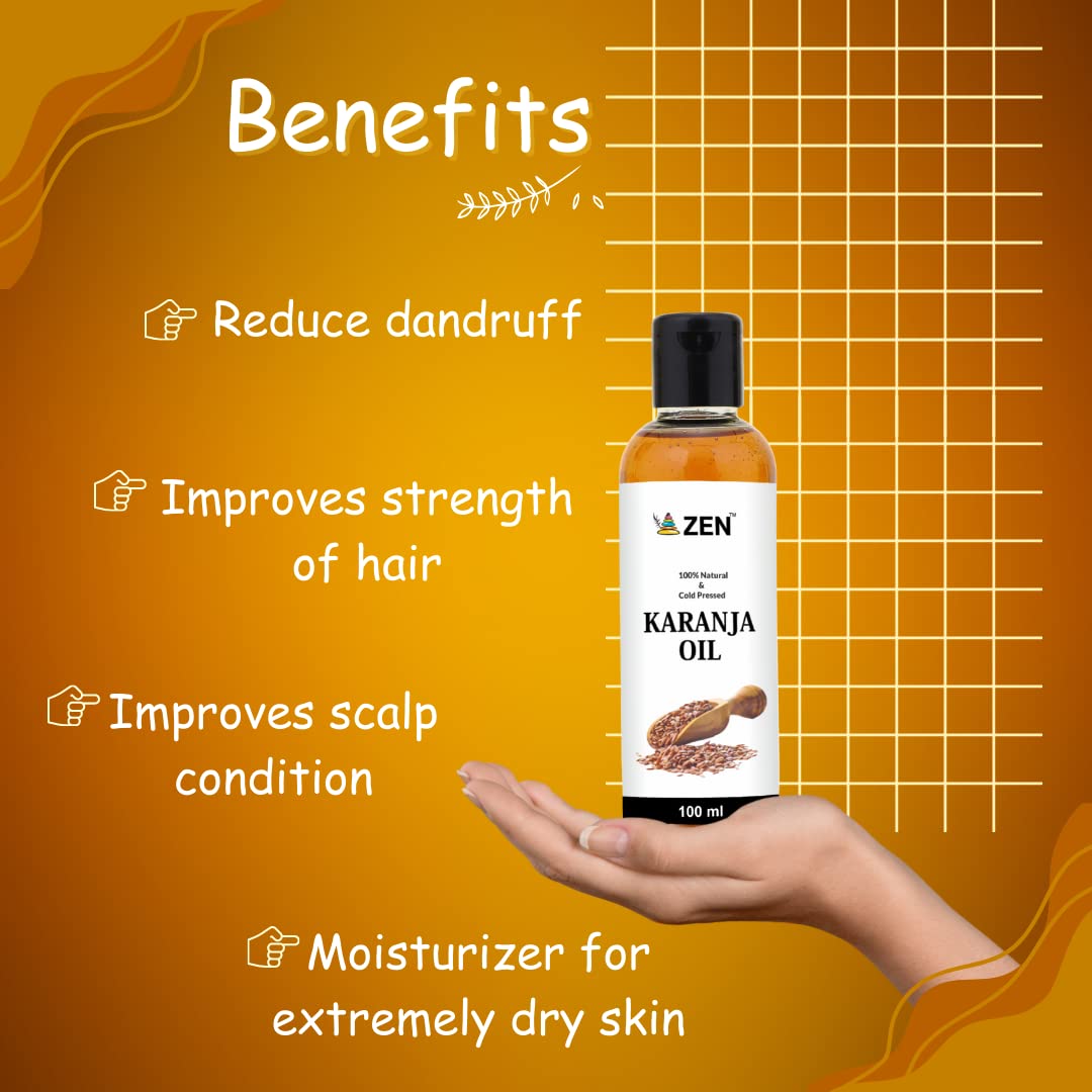 GREENEEM Zen Cold Pressed Karanja Oil 100ml | 100% Pure Organic Herbal Karanj Oil for Hair Growth, Skin Care & Body Massage | Natural Ayurvedic Treatment for Dry Scalp, Acne & Inflammation | Perfect for Aromatherapy, DIY Beauty Recipes & Holistic Wellness