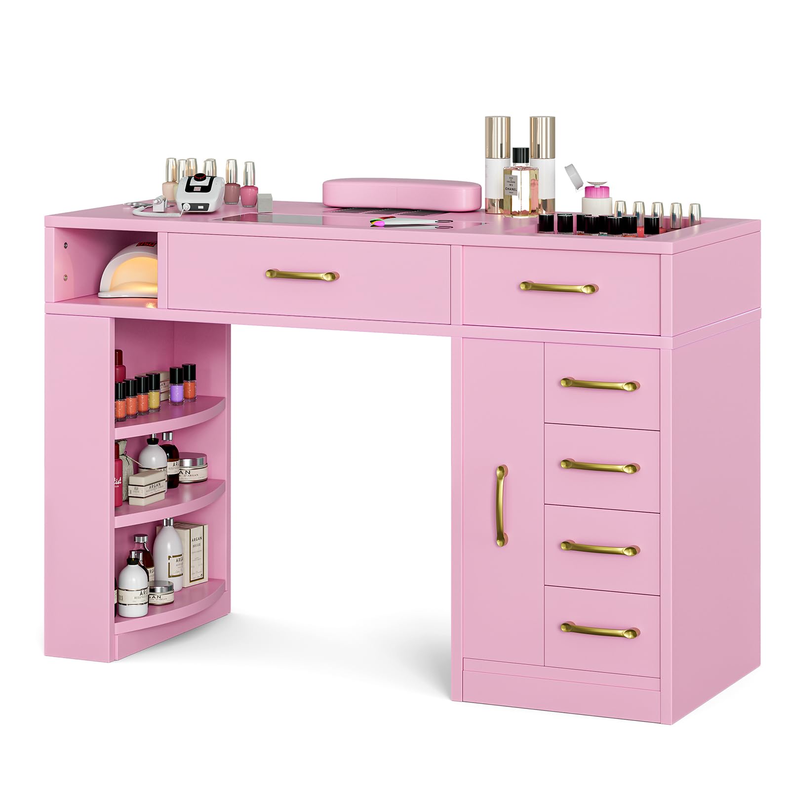 Professional Manicure Table Nail Station for Nail Technicians - Glass Top Nail Table with Electric Dust Collector, 7 Drawers & 3-Tier Shelves - Nail Salon Workstation with Wrist Cushion & Golden Handles (Pink) - Perfect for Nail Salons, Home Studios & Professional Nail Artists
