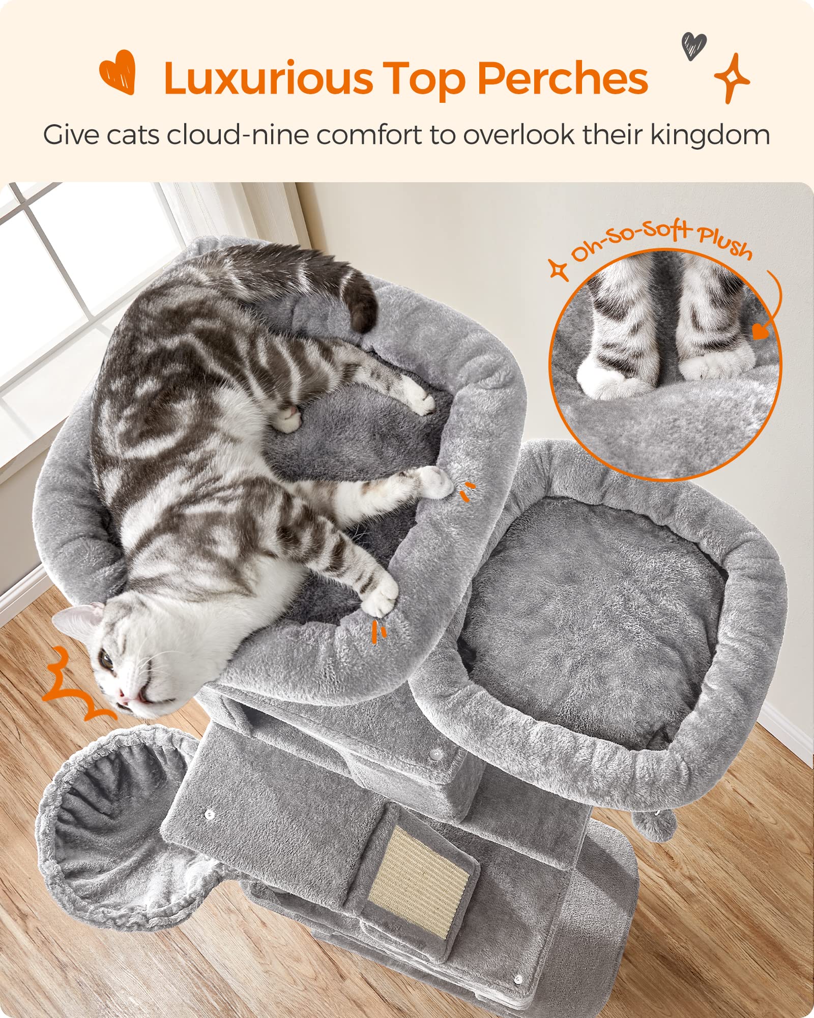 Feandrea 81.1-Inch Multi-Level Cat Tree with Scratching Posts, Perches & Hammock - Large Plush Cat Tower for Indoor Cats, Light Gray UPCT190W01 - Perfect for Play, Rest & Climbing in Home or Apartment