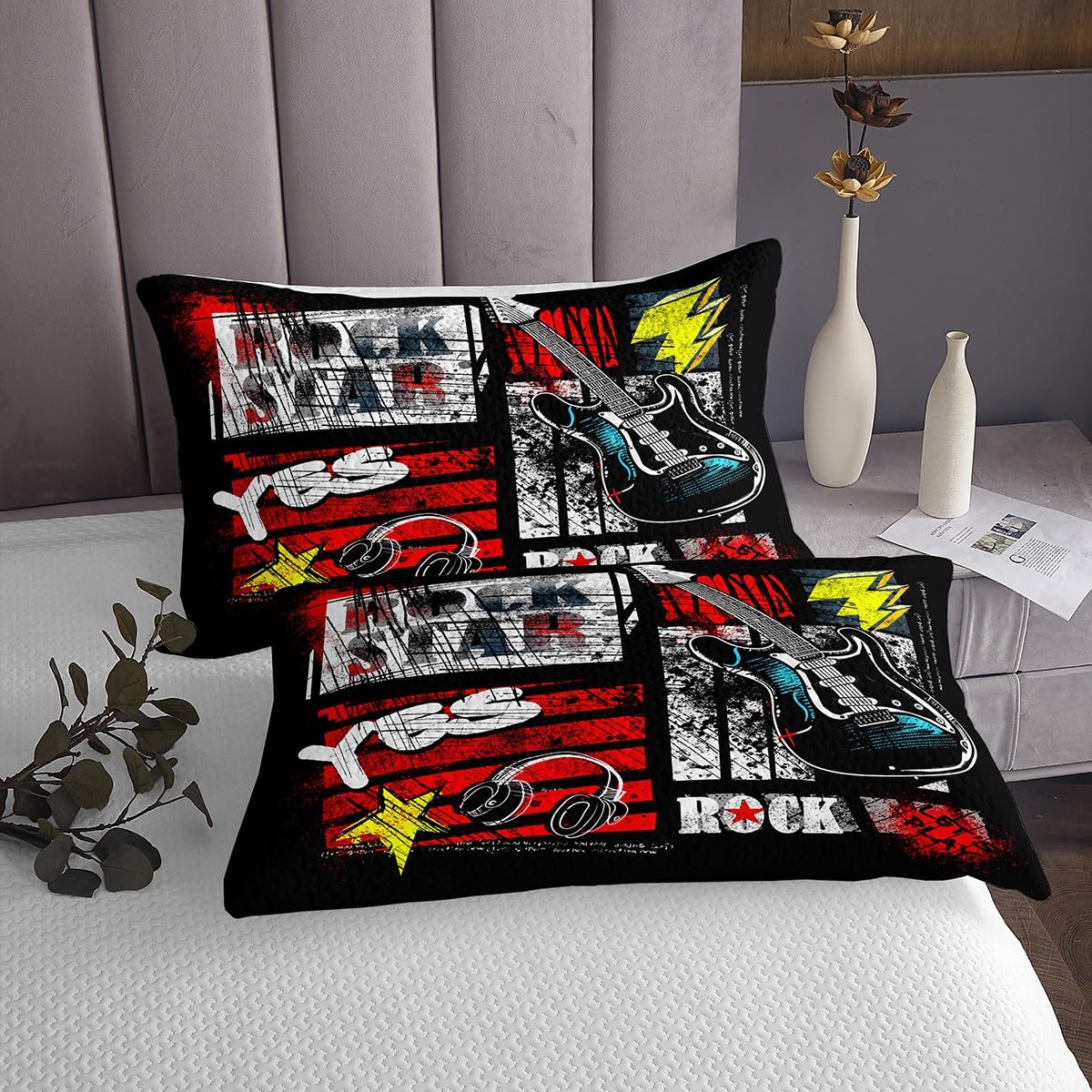Manfei Rock Roll Twin Size Bedspread Set - Guitar & Headset Print Quilted Coverlet with Pillowcase | Music Themed Oversized Bedding for Kids & Teens | Perfect for Boys/Girls Bedroom Decor, Music Lover Gifts & Dorm Room Essentials