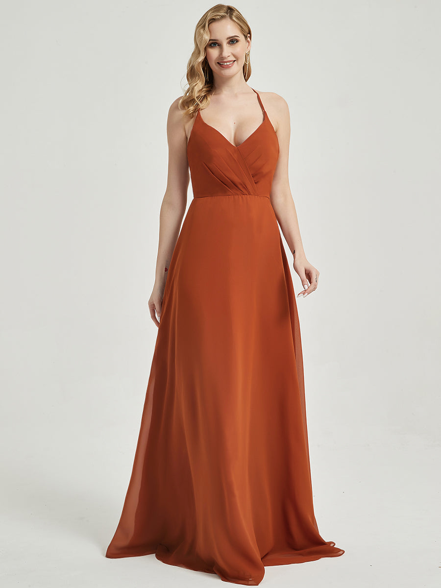 Elegant Burnt Orange Pleated Halter V-Neck Backless Chiffon Bridesmaid Dress - Perfect for Weddings, Formal Events & Evening Parties