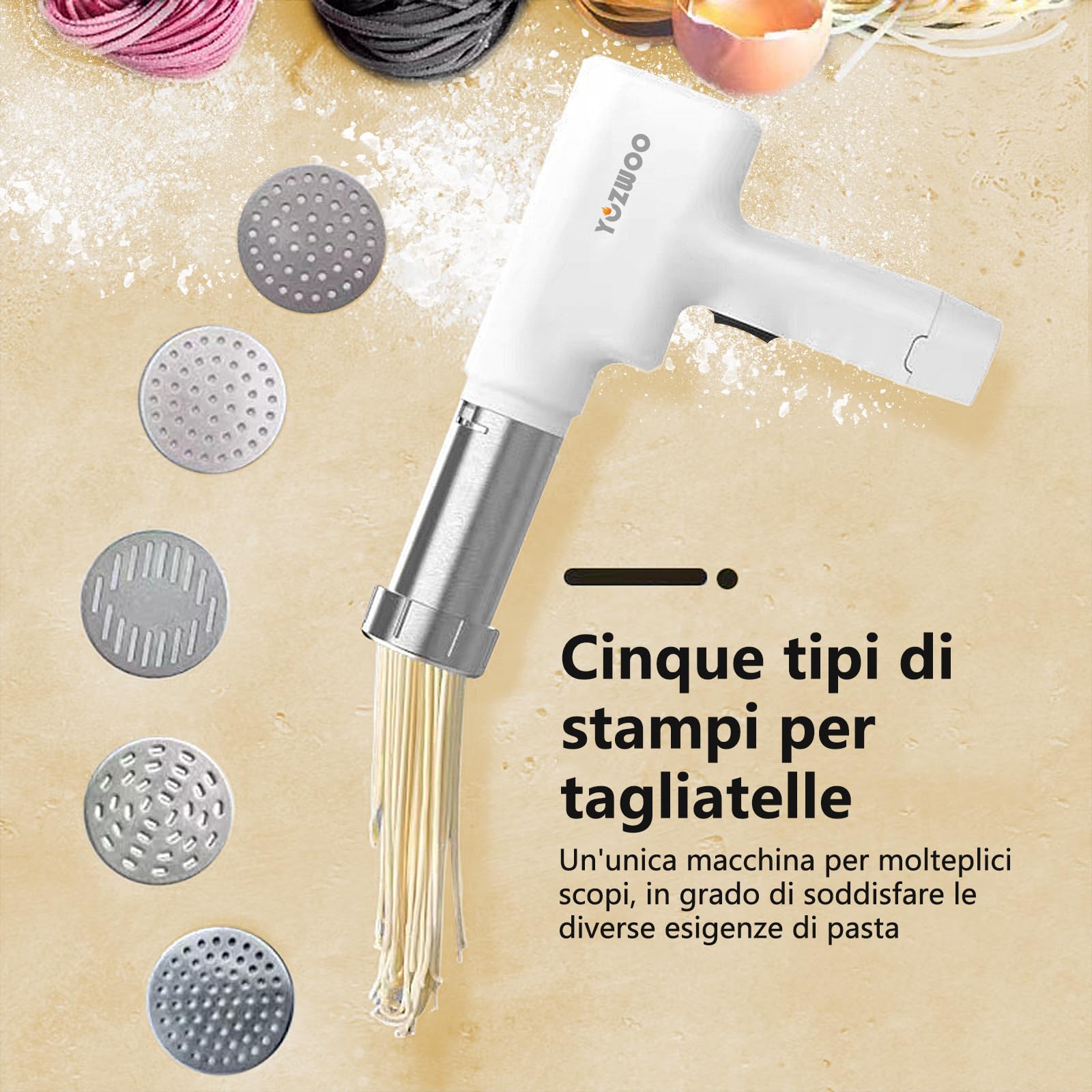 Electric Pasta Maker Machine - Handheld Noodle Press & Extruder for Homemade Pasta, Sausage | Portable Kitchen Tool for Italian Cuisine, Family Cooking & Restaurant Use (White)