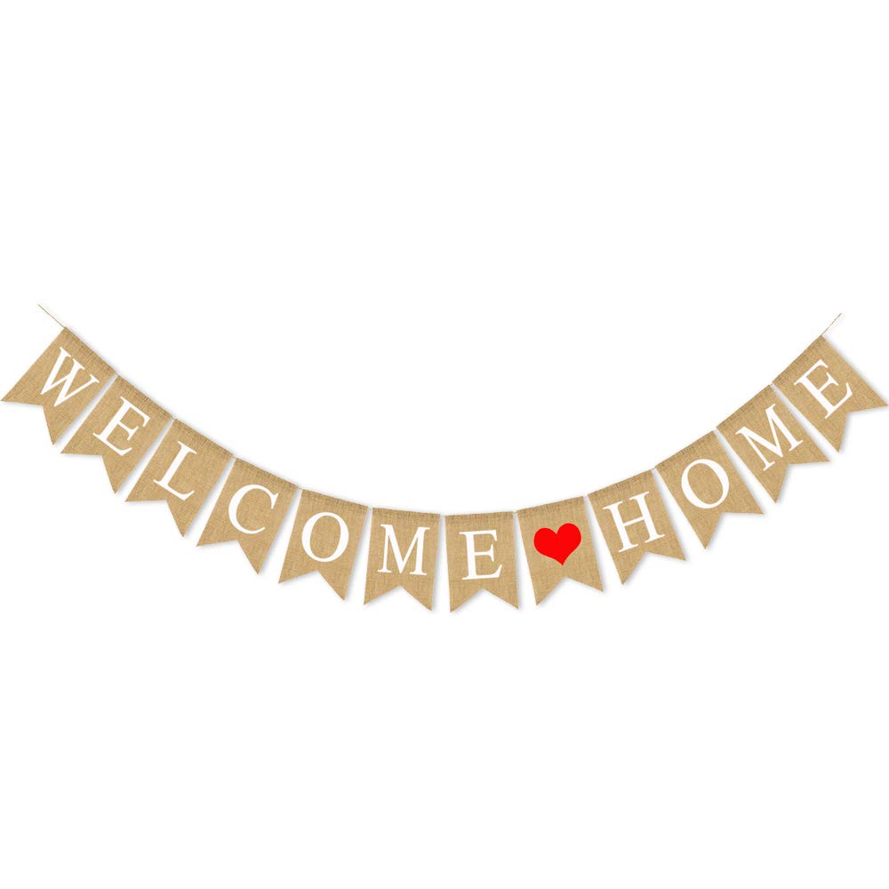 SWYOUN Burlap Welcome Home Banner with Heart - Rustic Home Decor for Family Reunions, Housewarming Parties & Wall Decorations