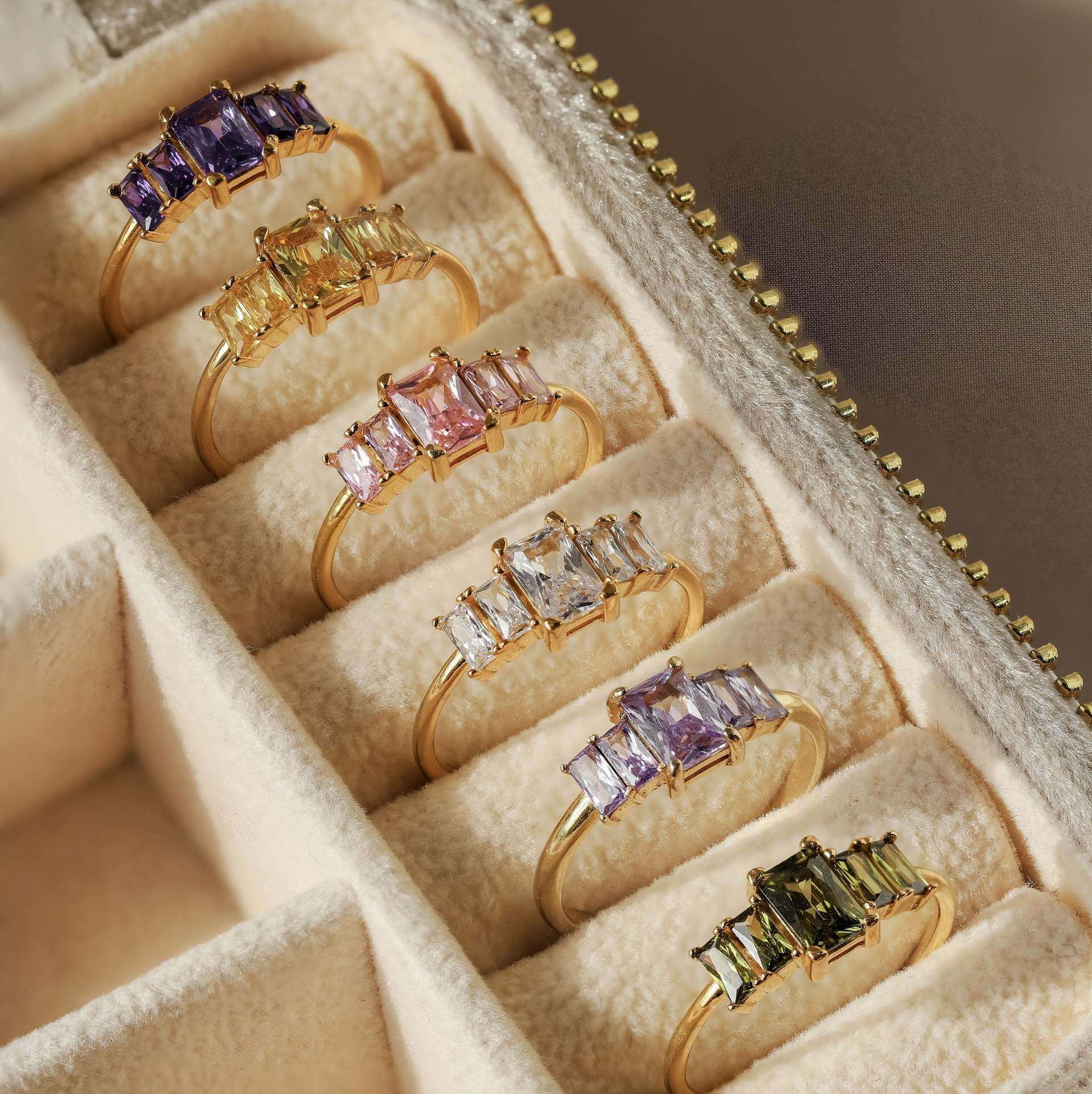 Dainty Baguette Birthstone Row Band Ring | JPF01 | Elegant Stackable Jewelry for Women | Perfect for Birthdays, Anniversaries & Everyday Wear