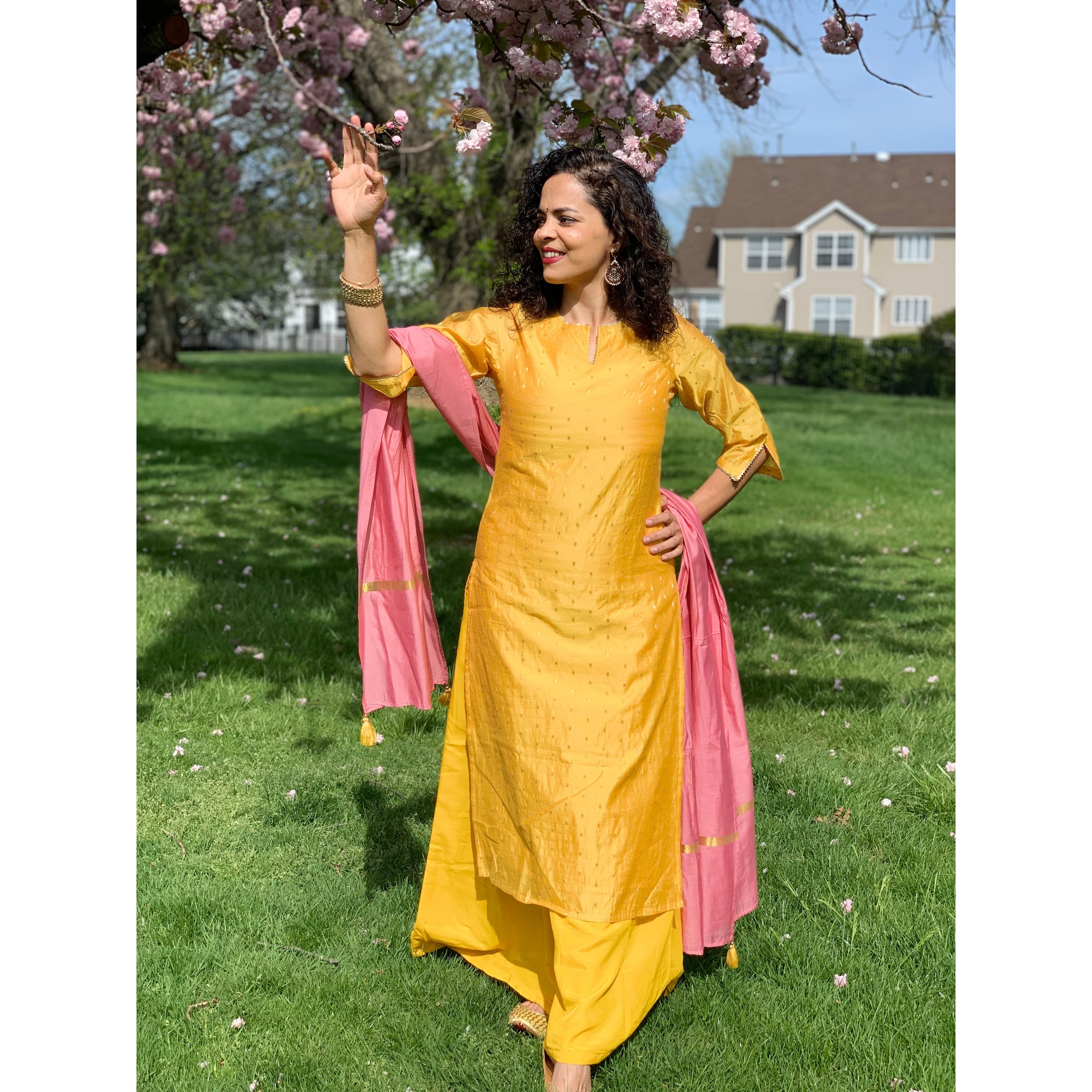Elegant Yellow and Gold Printed Chanderi Silk Kurta Set for Women | Traditional Indian Ethnic Wear | Perfect for Festivals, Weddings & Special Occasions