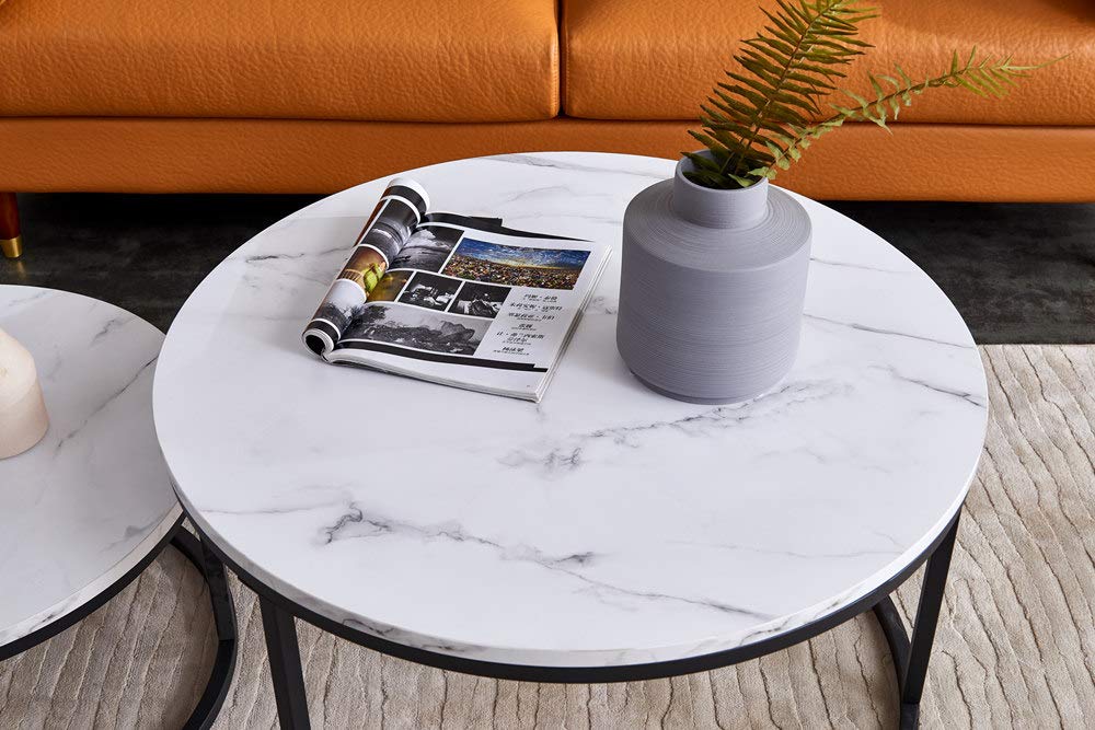 Modern Round Nesting Coffee Table Set of 2 - Metal Frame & Wood Tabletop Accent Side Tables for Living Room - White/Black - Perfect for Small Spaces, Sofa Side & Coffee Table Use