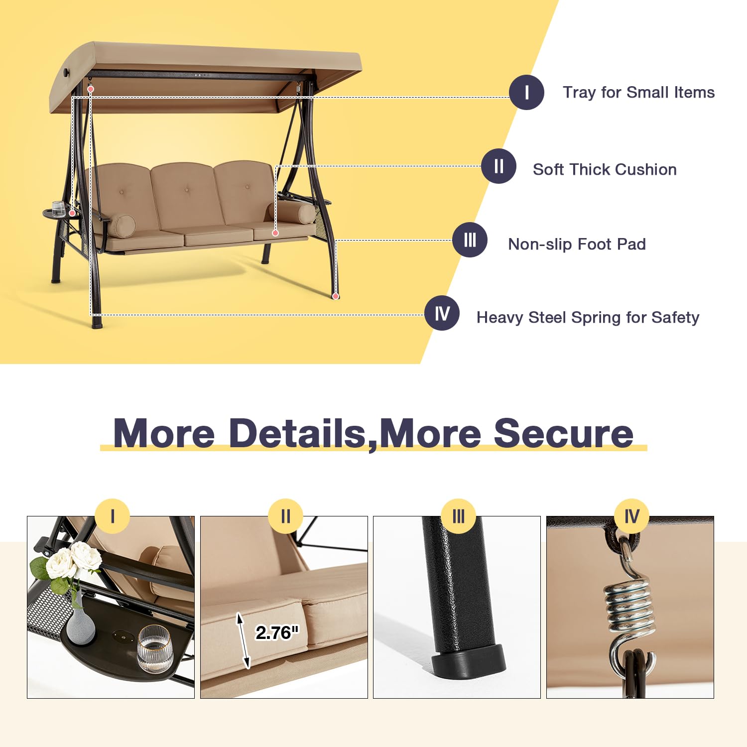 HOMREST 3-Person Outdoor Porch Swing with 1.5