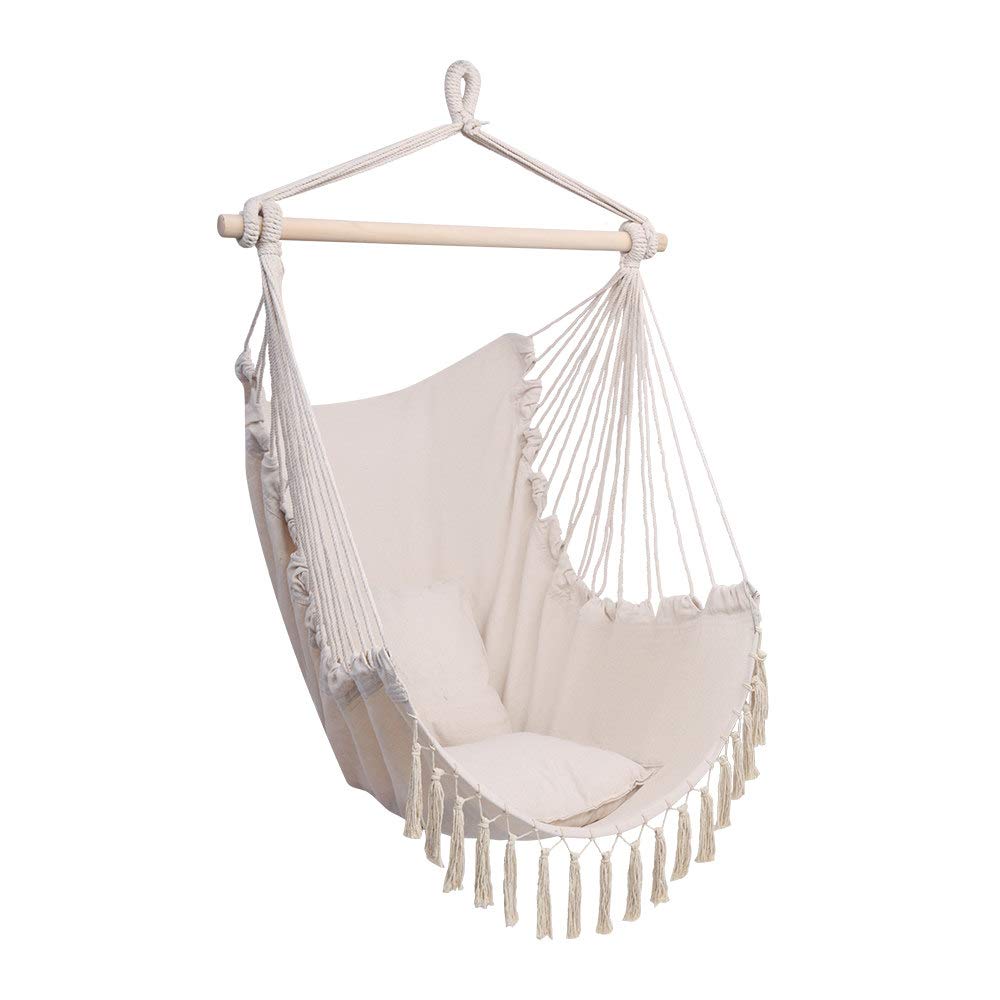 YYAO Hammock Chair with 2 Soft Pillows - Indoor/Outdoor Hanging Rope Swing Seat for Porch, Patio & Backyard - Beige Tassel Sky Swing Chair for Relaxation, Comfort & Durability - Perfect for Reading, Lounging & Meditation
