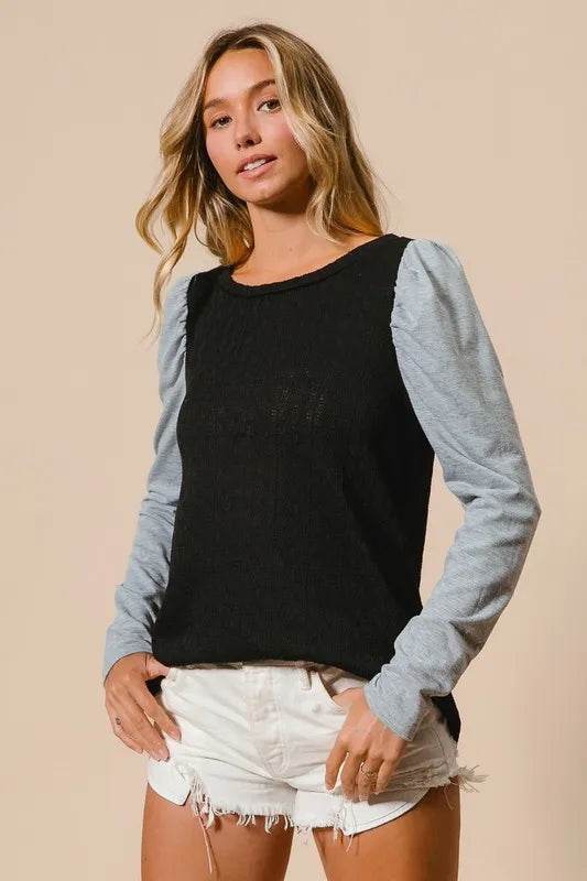 BiBi Cable Knit Sweater Top with Contrast Puff Sleeves | Women's Casual Winter Pullover | Perfect for Office, Date Night & Holiday Outfits