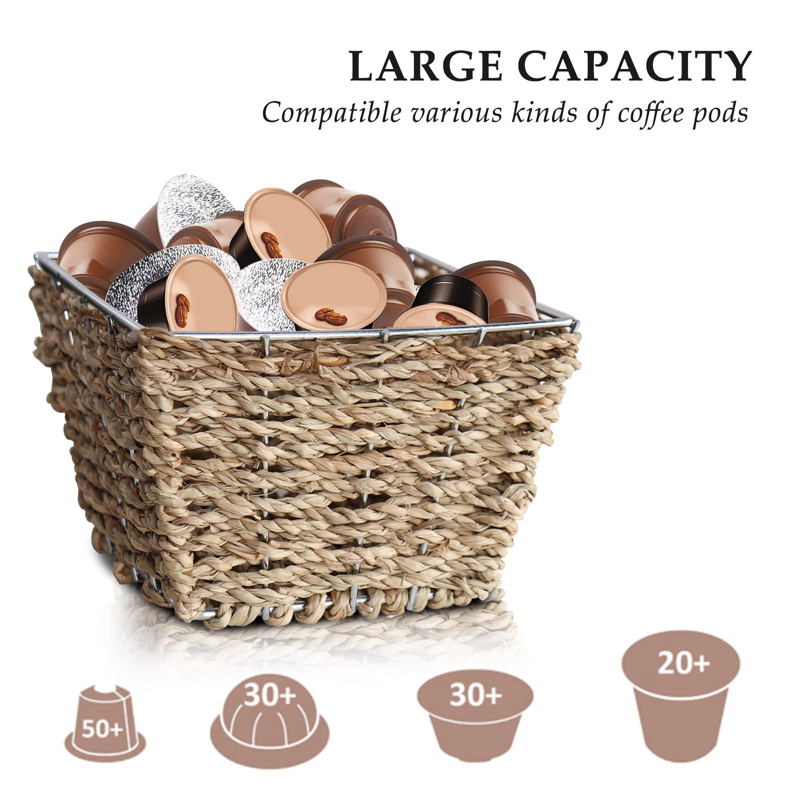 Premium Seagrass-Wrapped Metal Coffee Pod Holder - Large Capacity K Cup & Nespresso Pod Organizer for Kitchen Countertop or Office Desk