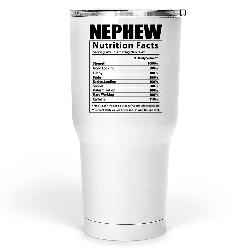 Funny Nephew Nutritional Facts Tumbler 30oz - Insulated Stainless Steel Cup with Lid & Straw - Perfect Christmas Gift 2024 for Boys, Men, Uncle - Great for Office, Gym, Travel & Daily Use