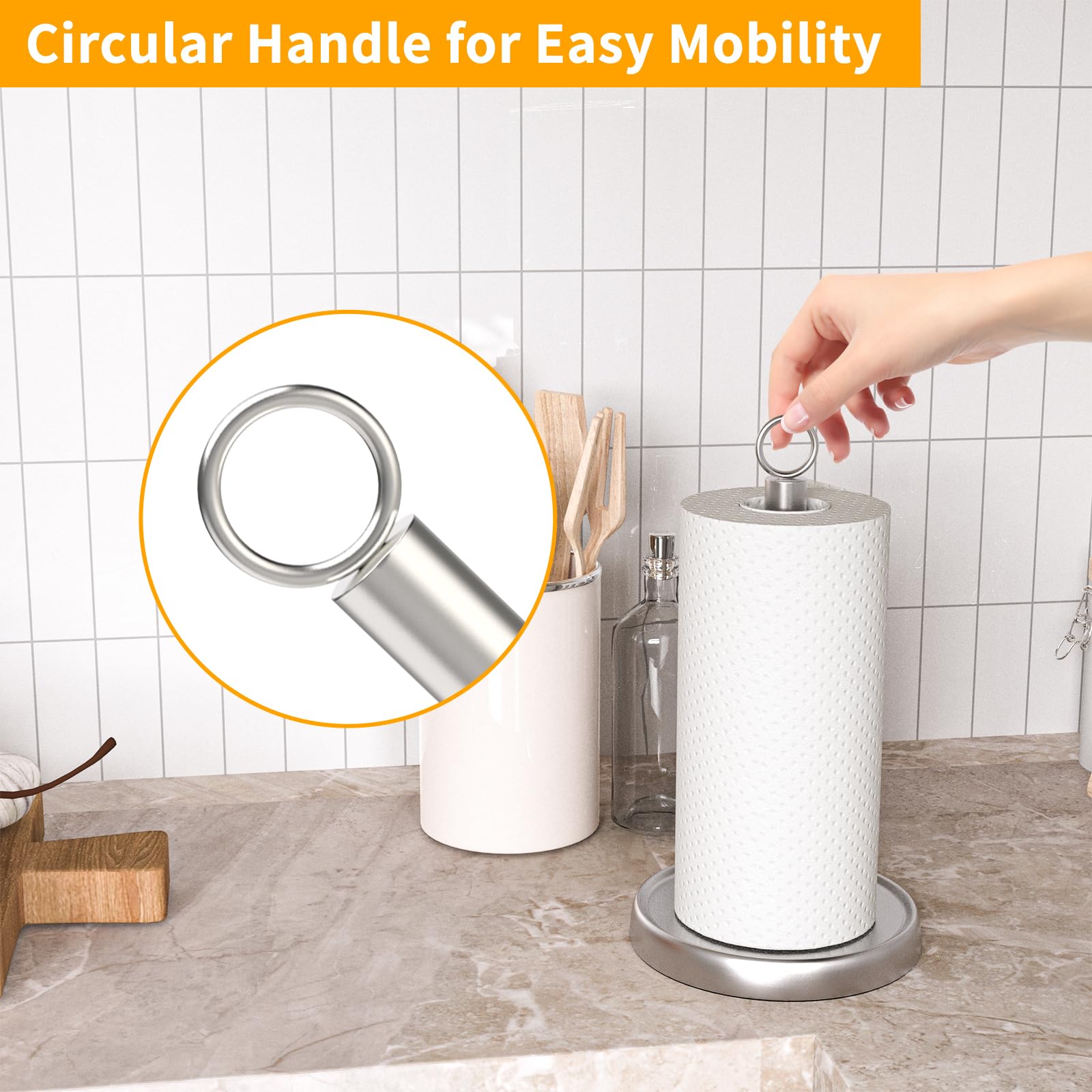 Stainless Steel Paper Towel Holder with Weighted Base - Countertop Towel Stand for Kitchen, Bathroom & Farmhouse Decor - Silver (Perfect for Home, Office & RV Use)