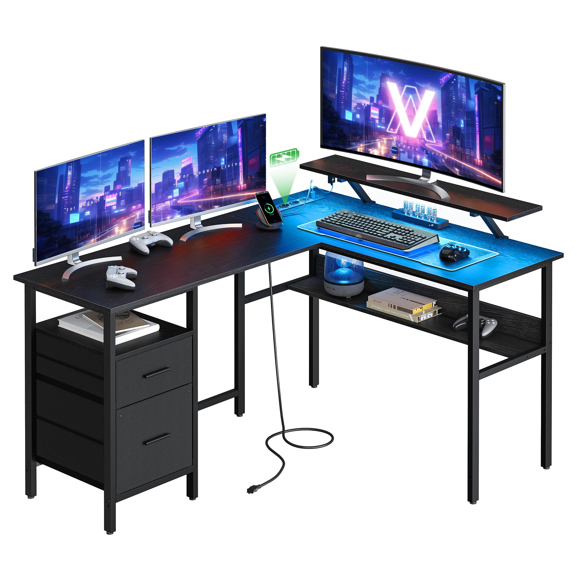 VASAGLE L-Shaped Gaming Desk with Power Outlets, USB Ports & LED Lights - Corner Computer Desk with Monitor Stand, 2 Drawers - Black Ebano LWD095B01 - Perfect for Home Office, Gaming Setup & Small Spaces