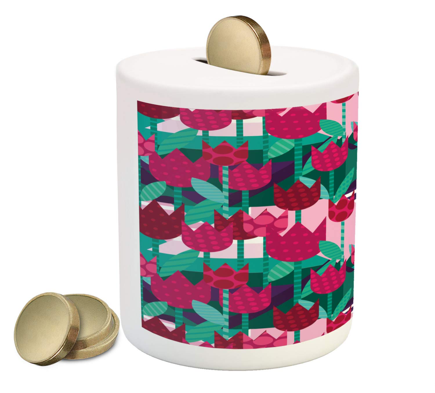 Ambesonne Floral Ceramic Piggy Bank - Abstract Flower Tulip Design with Geometric Patterns, Polka Dot Money Box for Cash Savings (Jade Green & Red) | Perfect Gift for Kids, Teens & Home Decor