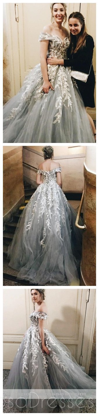 Elegant Off Shoulder Grey Lace Beaded A-Line Long Evening Prom Dress for Sweet 16 | Formal Gown for Homecoming, Wedding, and Special Occasions