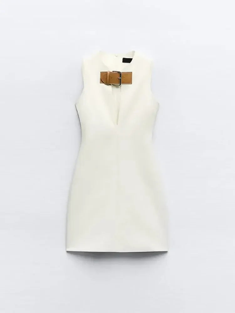 Elegant Solid Slim Sleeveless White Mini Dress for Women - Sexy Hollow Out Leather Buckle Short Vestidos - Chic Ladies Streetwear for Party, Club, Date Night & Summer Outfits