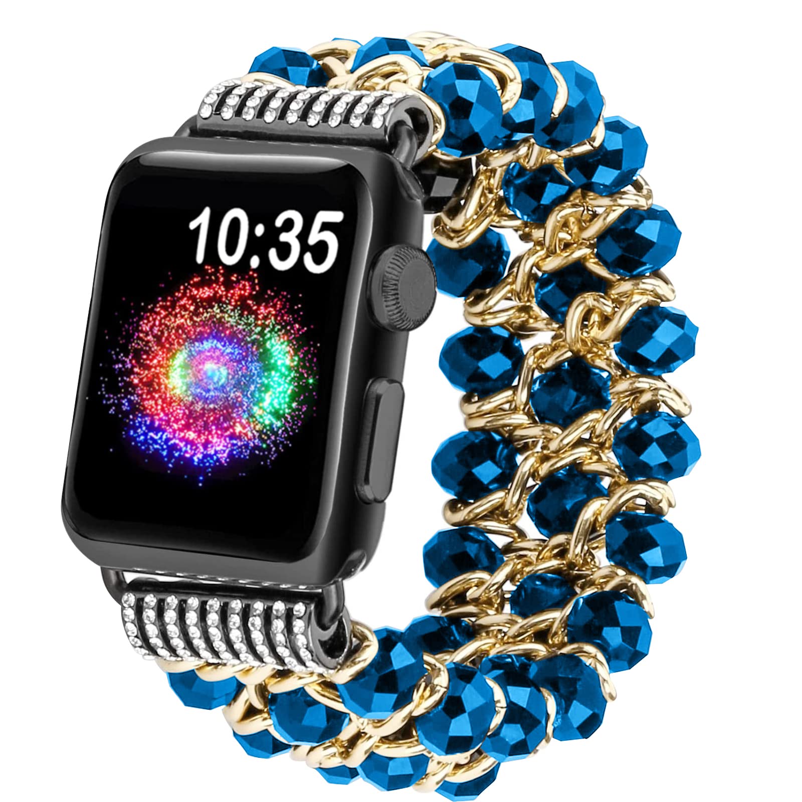 Premium Stretchy Apple Watch Bands for Women - Crystal Beads & Gold Metal Chain Replacement Strap Compatible with iWatch SE/Series 1-8 (38mm/40mm/41mm/42mm/44mm/45mm) | Elegant Fashion Accessory for Work, Gym & Daily Wear