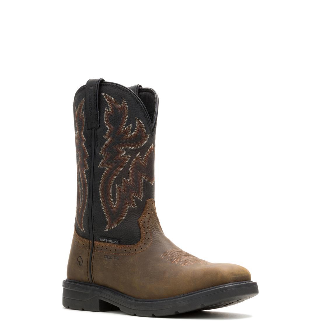 Premium Rancher Level Steel Toe Pull-On Wellington Work Boots for Men - Black/Brown - Waterproof & Slip-Resistant for Farming, Construction & Outdoor Work