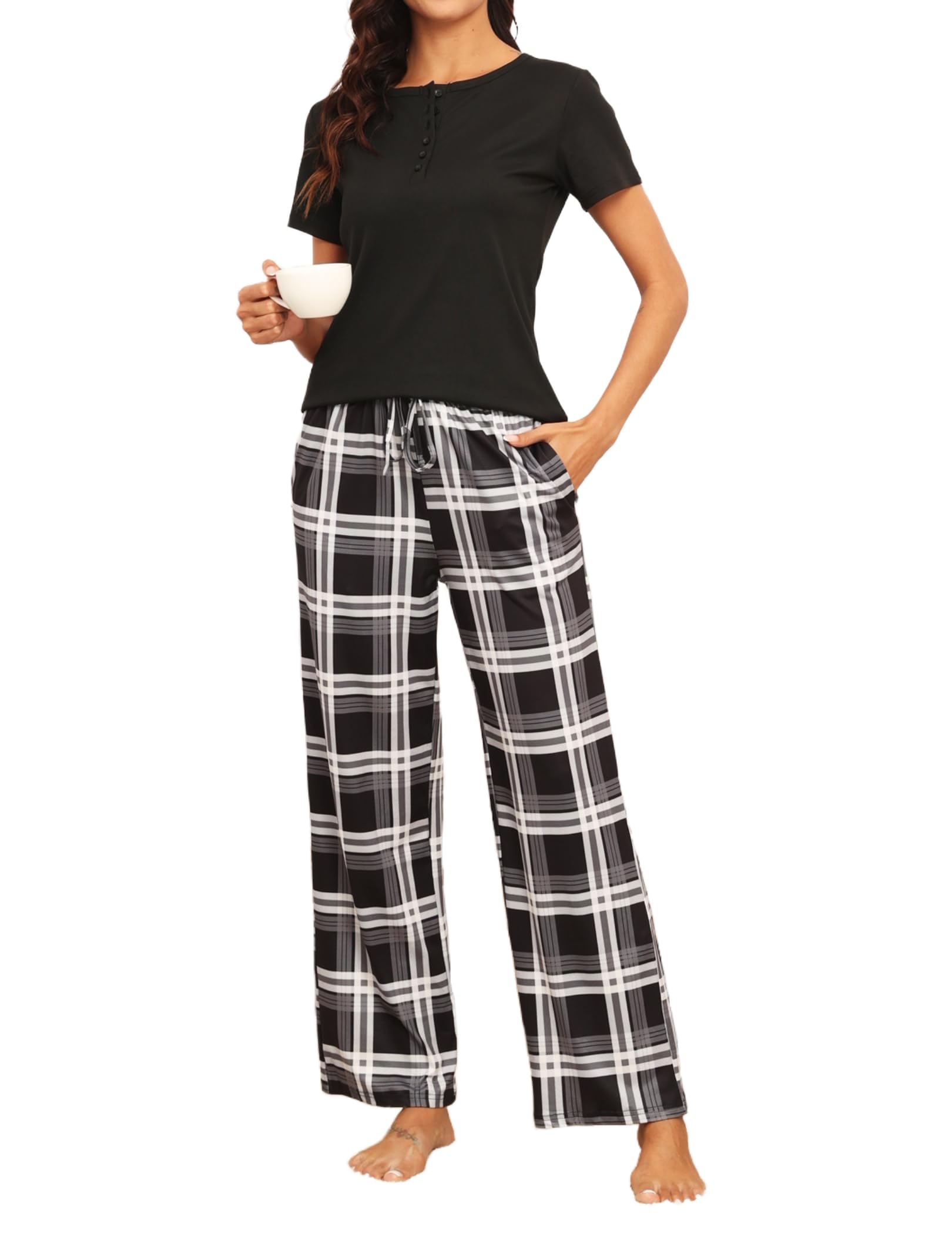 Ekouaer Women's Soft Ribbed Knit Pajama Set - Short Sleeve Button-Down Sleepwear & Lounge Set with Plaid Pattern | Perfect for Sleepovers, Relaxing at Home & Cozy Nights