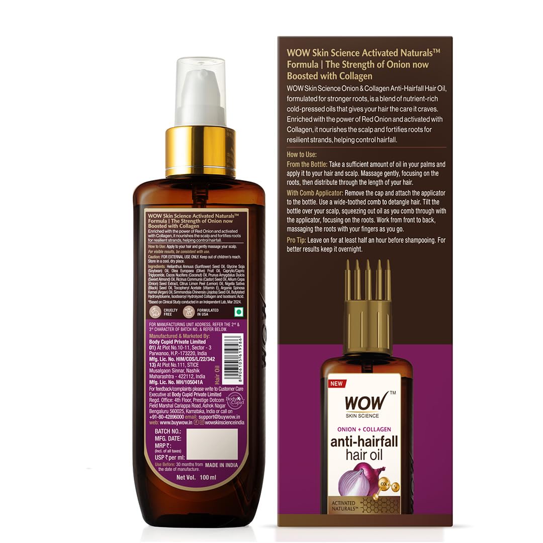 WOW Skin Science Onion Black Seed Hair Oil with Comb - 100mL for Hair Growth & Scalp Care | Reduces Hair Fall & Adds Shine | Perfect for Dry, Damaged Hair & Daily Hair Care Routine