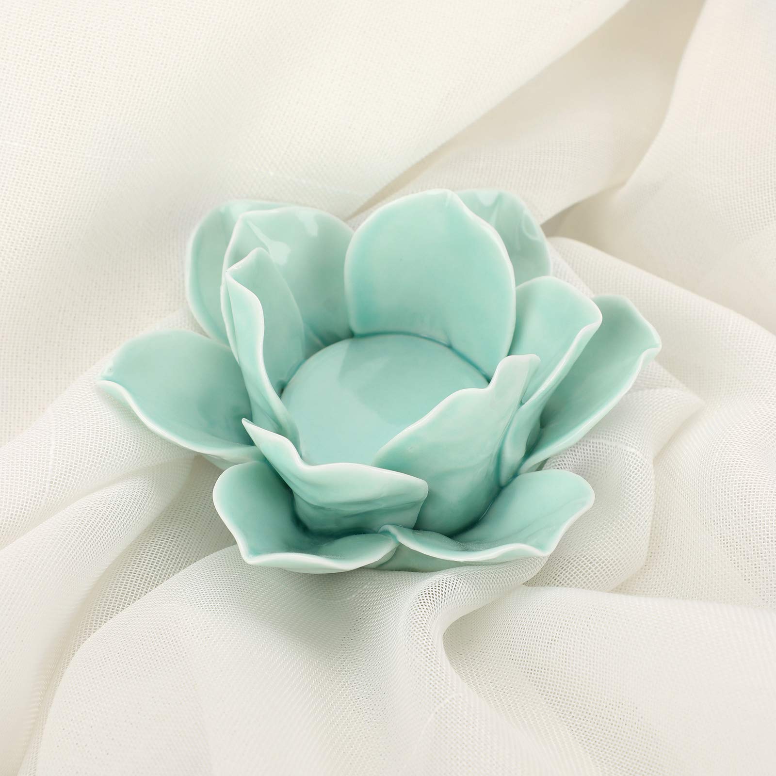 OwnMy 4.5 Inch Green Ceramic Lotus Flower Tealight Holder - Elegant Lotus Petals Candle Holder for Home Decor, Wedding, Party & Meditation - Includes Gift Box | Perfect for Centerpieces, Spa Relaxation & Yoga Room Ambiance