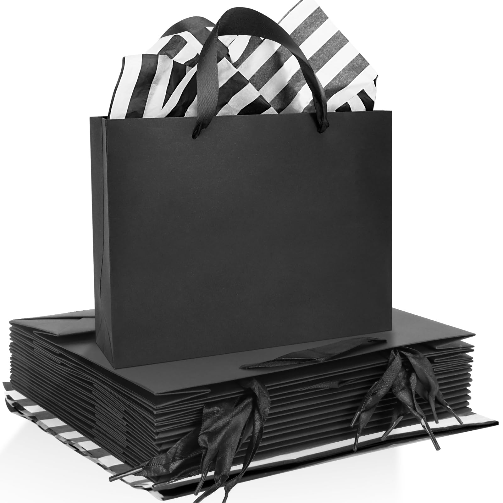 Rcybeo 15 Pack 10.6x3.1x8.3 Inch Black Gift Bags with Tissue Paper & Ribbon Handles - Elegant Retail, Grocery, Boutique Packaging for Weddings, Birthdays, Parties & Gifts - Perfect for Holiday, Corporate & Special Occasion Gift Wrapping